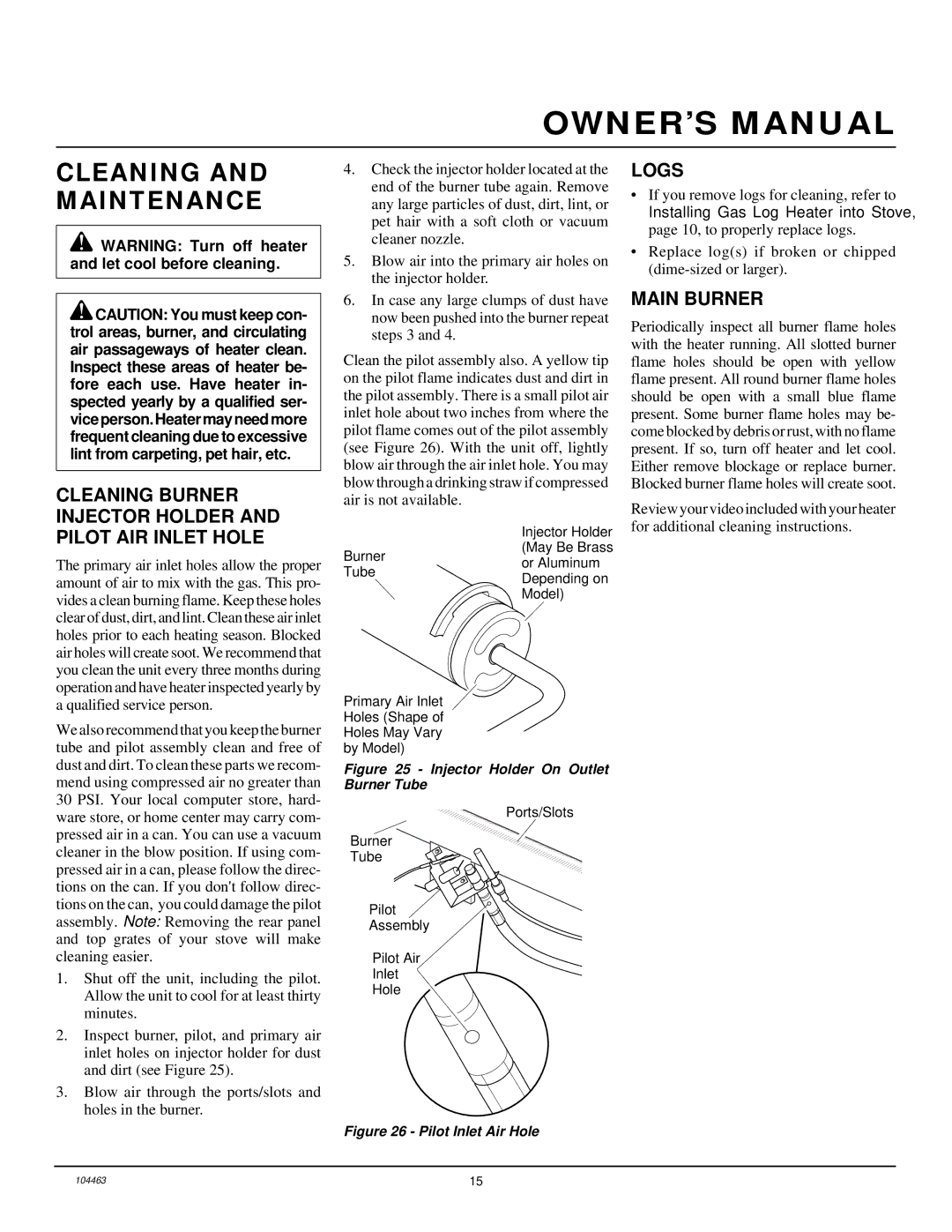 Desa SL30NT Cleaning and Maintenance, Cleaning Burner Injector Holder and Pilot AIR Inlet Hole, Logs, Main Burner 