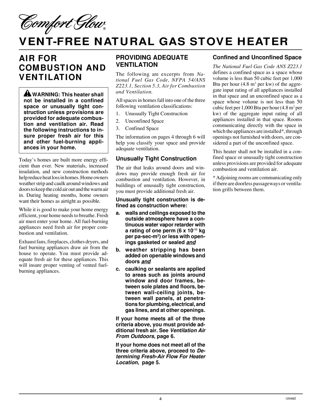 Desa SL30NT AIR for Combustion and Ventilation, Providing Adequate Ventilation, Unusually Tight Construction 