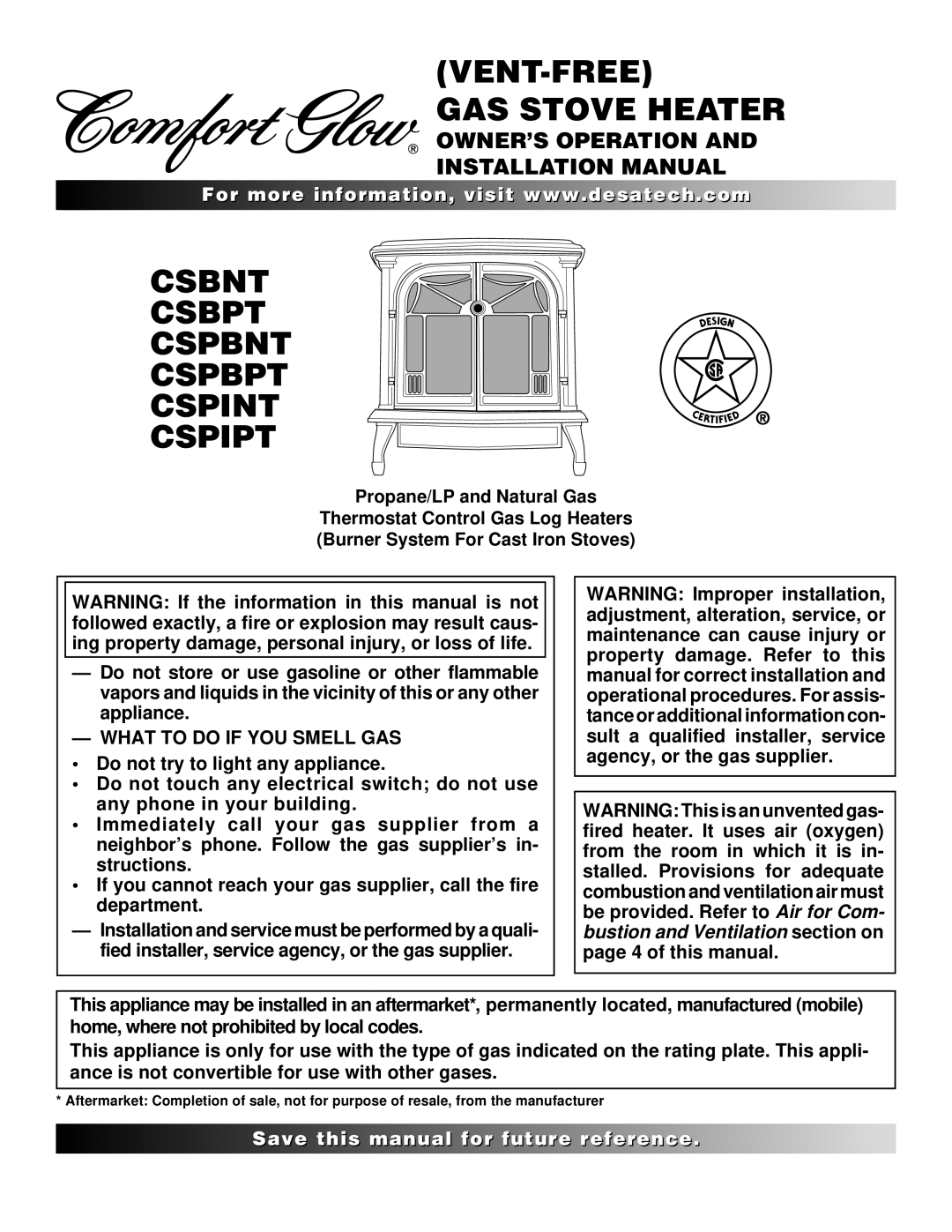 Desa SL30NT/SL30PT installation manual Csbnt Csbpt Cspbnt Cspbpt Cspint Cspipt, What to do if YOU Smell GAS 