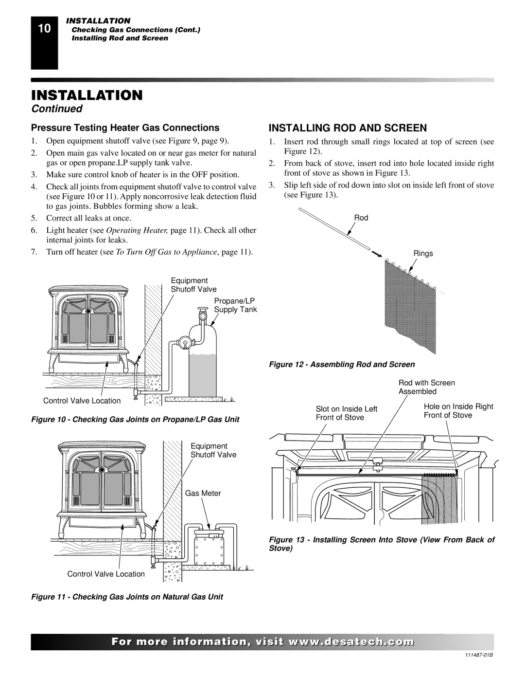 Desa SL30NT/SL30PT installation manual Installing ROD and Screen, Pressure Testing Heater Gas Connections 