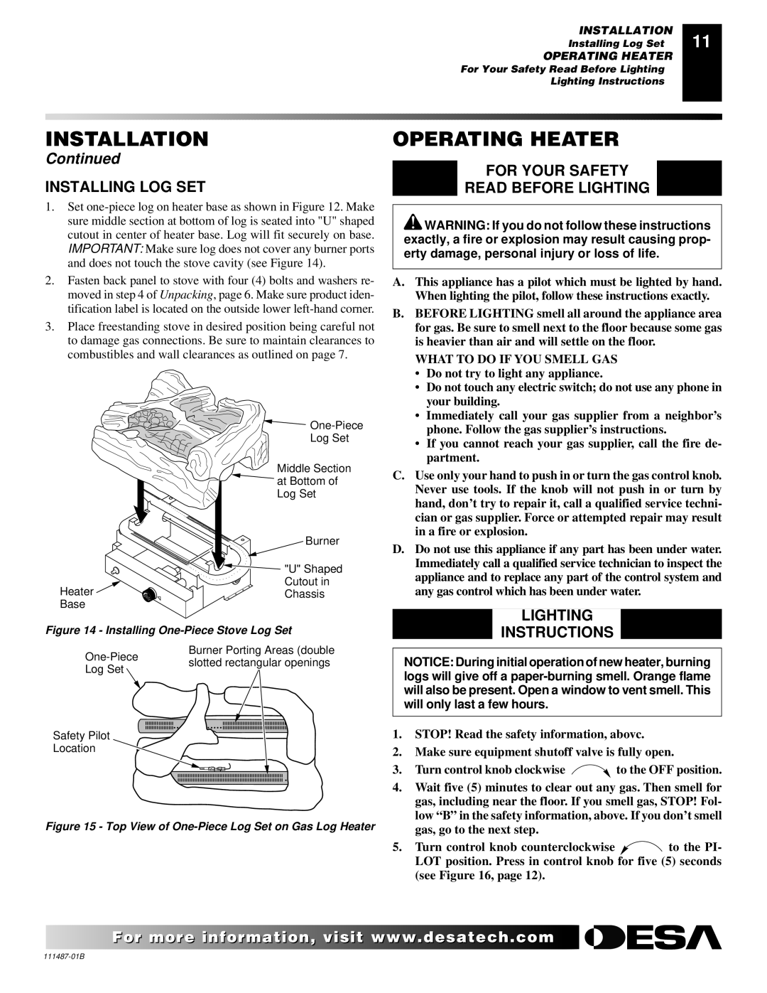 Desa SL30NT/SL30PT Operating Heater, Installing LOG SET, For Your Safety Read Before Lighting, Lighting Instructions 