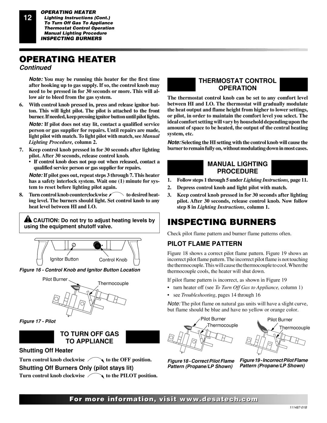 Desa SL30NT/SL30PT Inspecting Burners, Thermostat Control Operation, Manual Lighting Procedure, Pilot Flame Pattern 