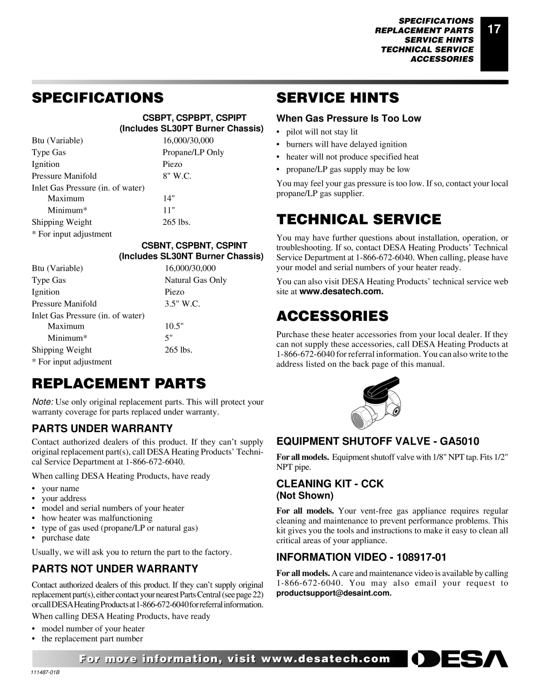 Desa SL30NT/SL30PT installation manual Specifications, Service Hints, Technical Service, Accessories, Replacement Parts 