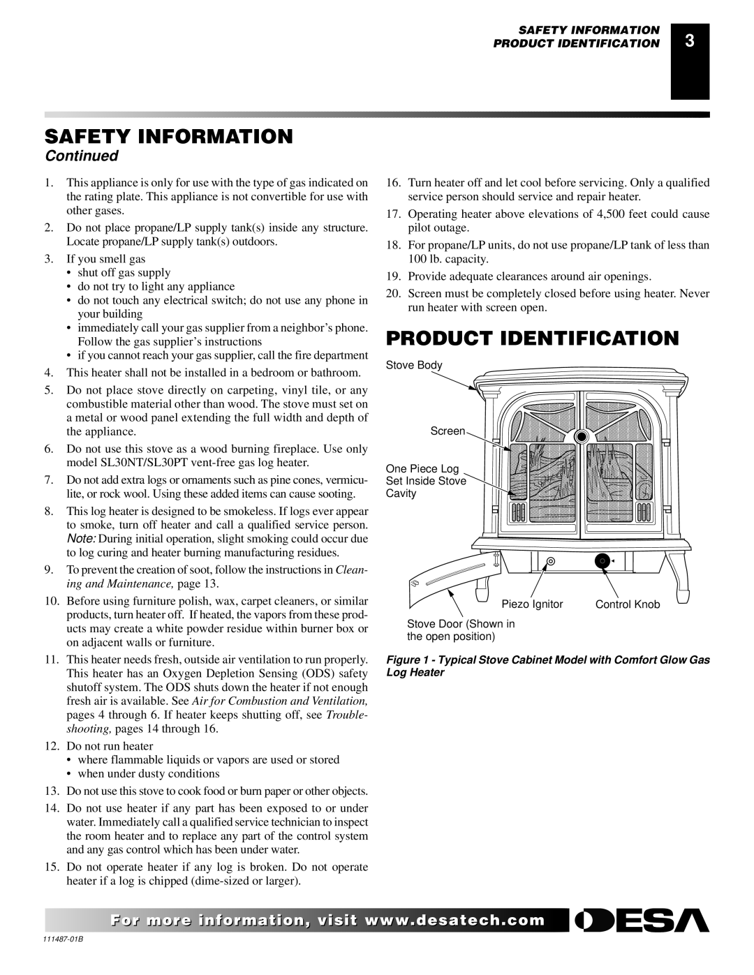 Desa SL30NT/SL30PT installation manual Product Identification, Typical Stove Cabinet Model with Comfort Glow Gas Log Heater 