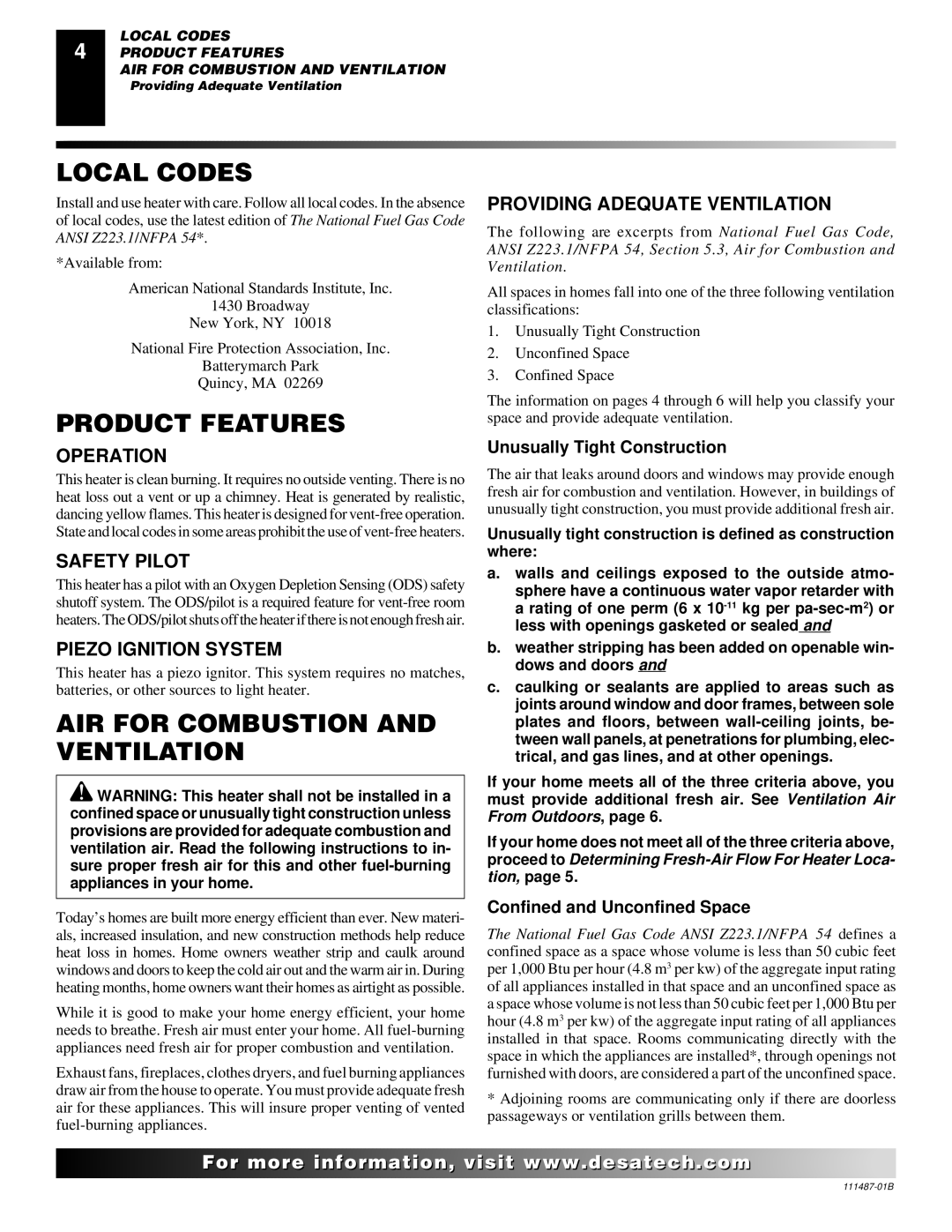 Desa SL30NT/SL30PT installation manual Local Codes, Product Features, AIR for Combustion and Ventilation 