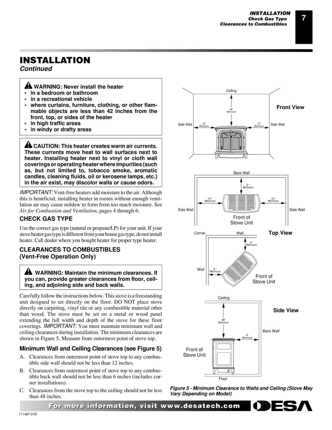 Desa SL30NT/SL30PT installation manual Check GAS Type, Clearances to Combustibles Vent-Free Operation Only 