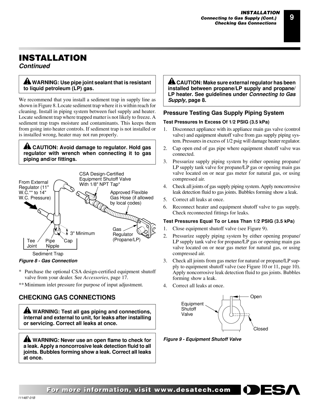 Desa SL30NT/SL30PT installation manual Checking GAS Connections, Pressure Testing Gas Supply Piping System 