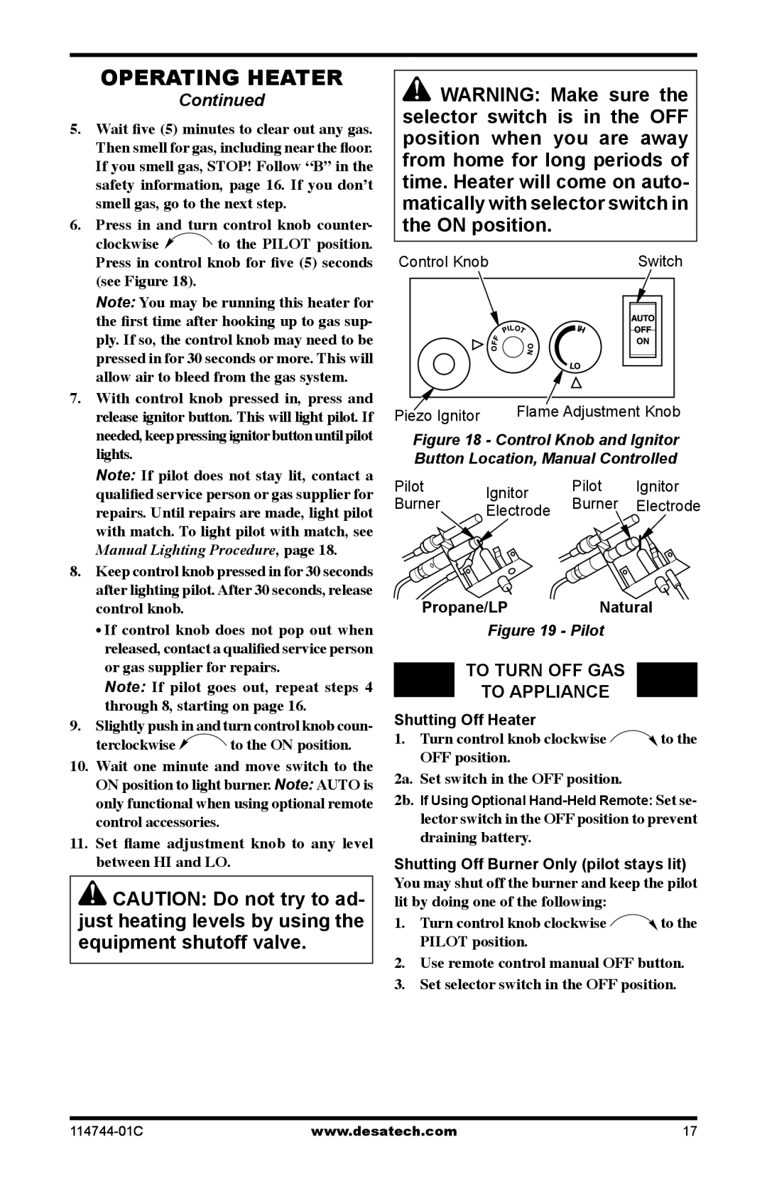 Desa SMA24VPA, SMA18VNA To Turn OFF GAS To Appliance, Control Knob Switch, Propane/LP Natural, Shutting Off Heater 