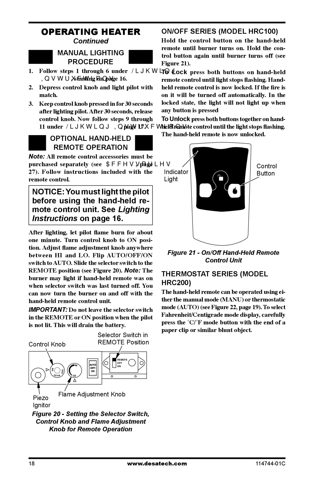 Desa SBJ24VPA, SMA18VNA Manual Lighting Procedure, Optional HAND-HELD Remote Operation, ON/OFF Series Model HRC100 