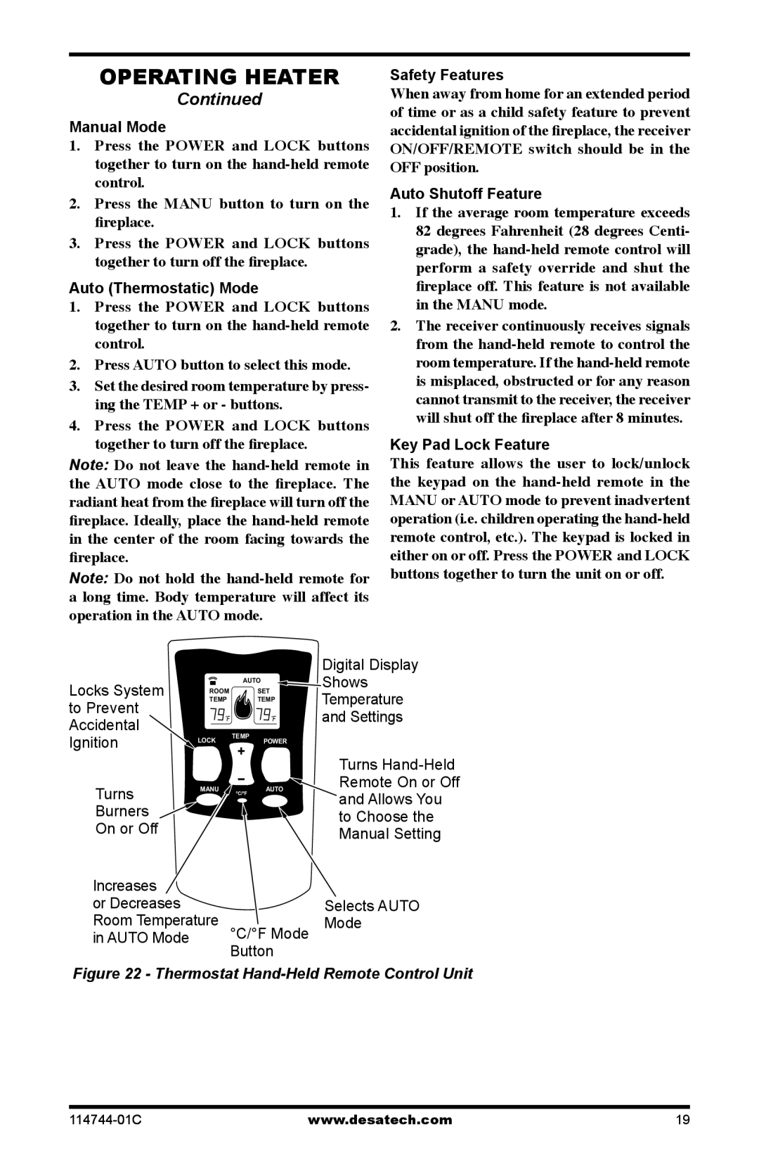 Desa SBJ18VNA, SMA18VNA Manual Mode, Auto Thermostatic Mode, Safety Features, Auto Shutoff Feature, Key Pad Lock Feature 