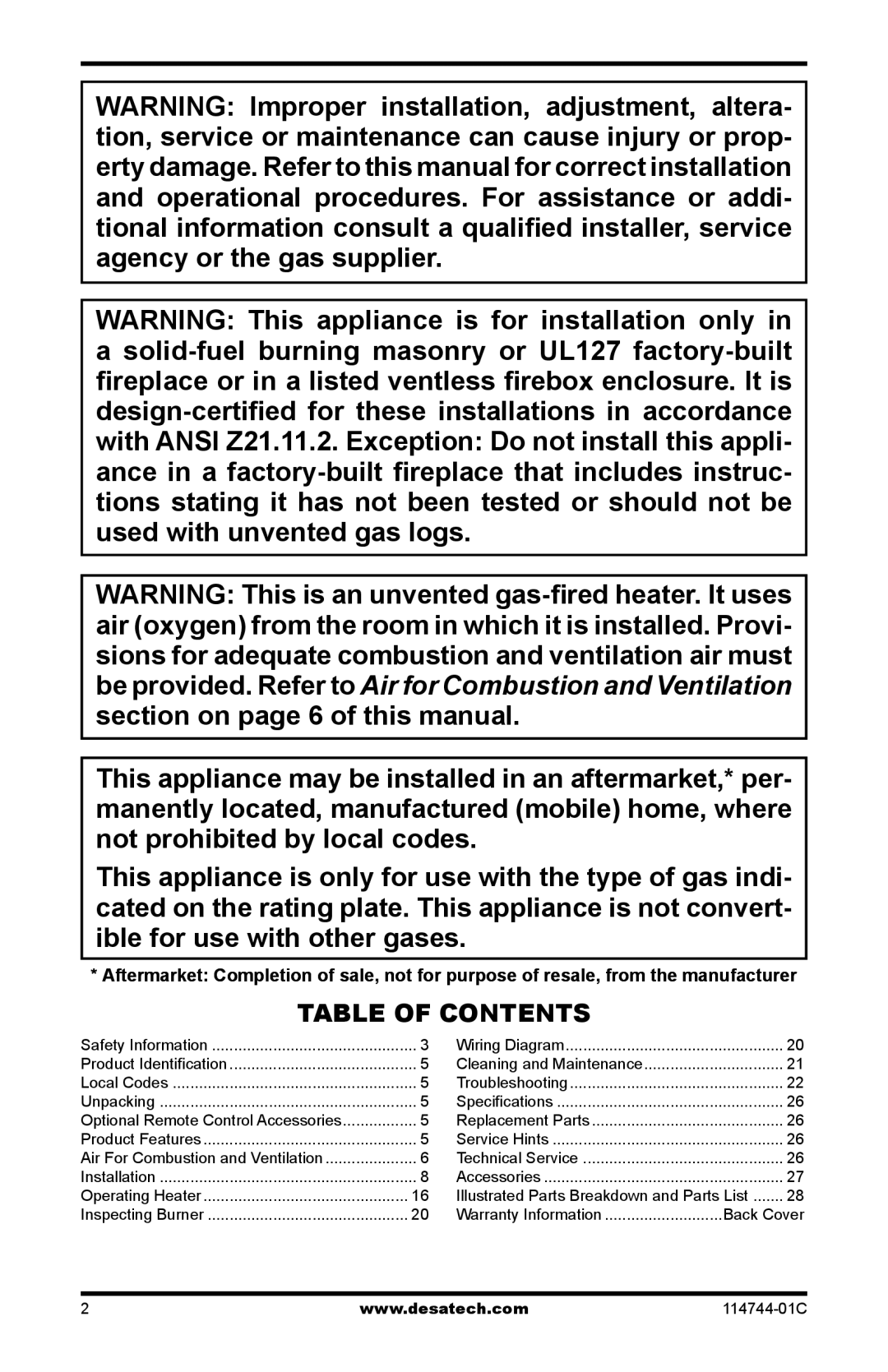 Desa SBJ24VPA, SMA18VNA, SMA24VPA, SBJ18VNA installation manual Table of Contents 