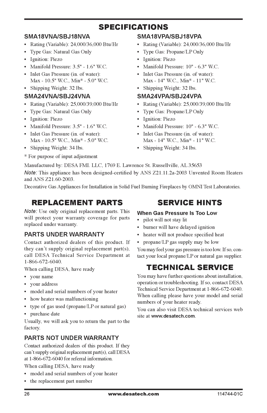 Desa SBJ24VPA, SMA18VNA, SMA24VPA, SBJ18VNA Specifications, Replacement Parts, Service Hints, Technical Service 