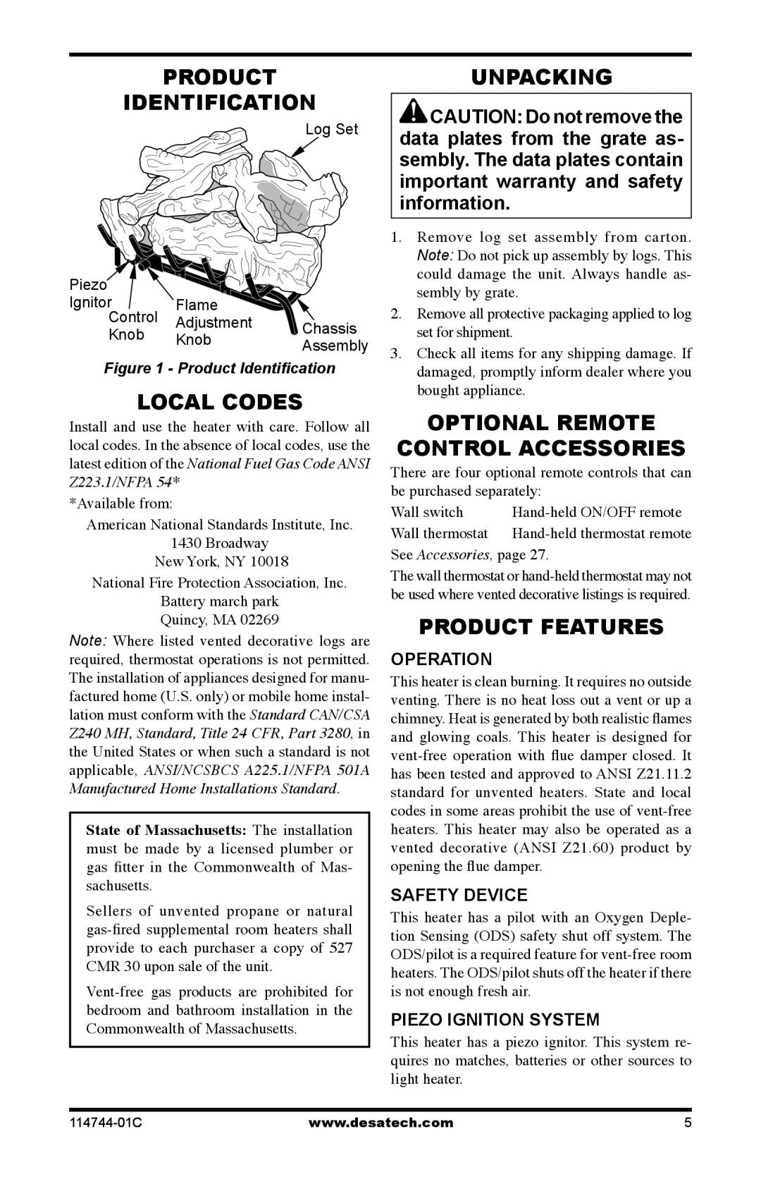 Desa SMA24VPA, SMA18VNA, SBJ24VPA, SBJ18VNA installation manual Product Identification, Local Codes, Unpacking 