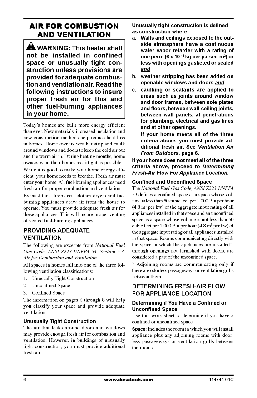 Desa SBJ24VPA, SMA18VNA, SMA24VPA, SBJ18VNA installation manual AIR for Combustion Ventilation, Providing Adequate Ventilation 