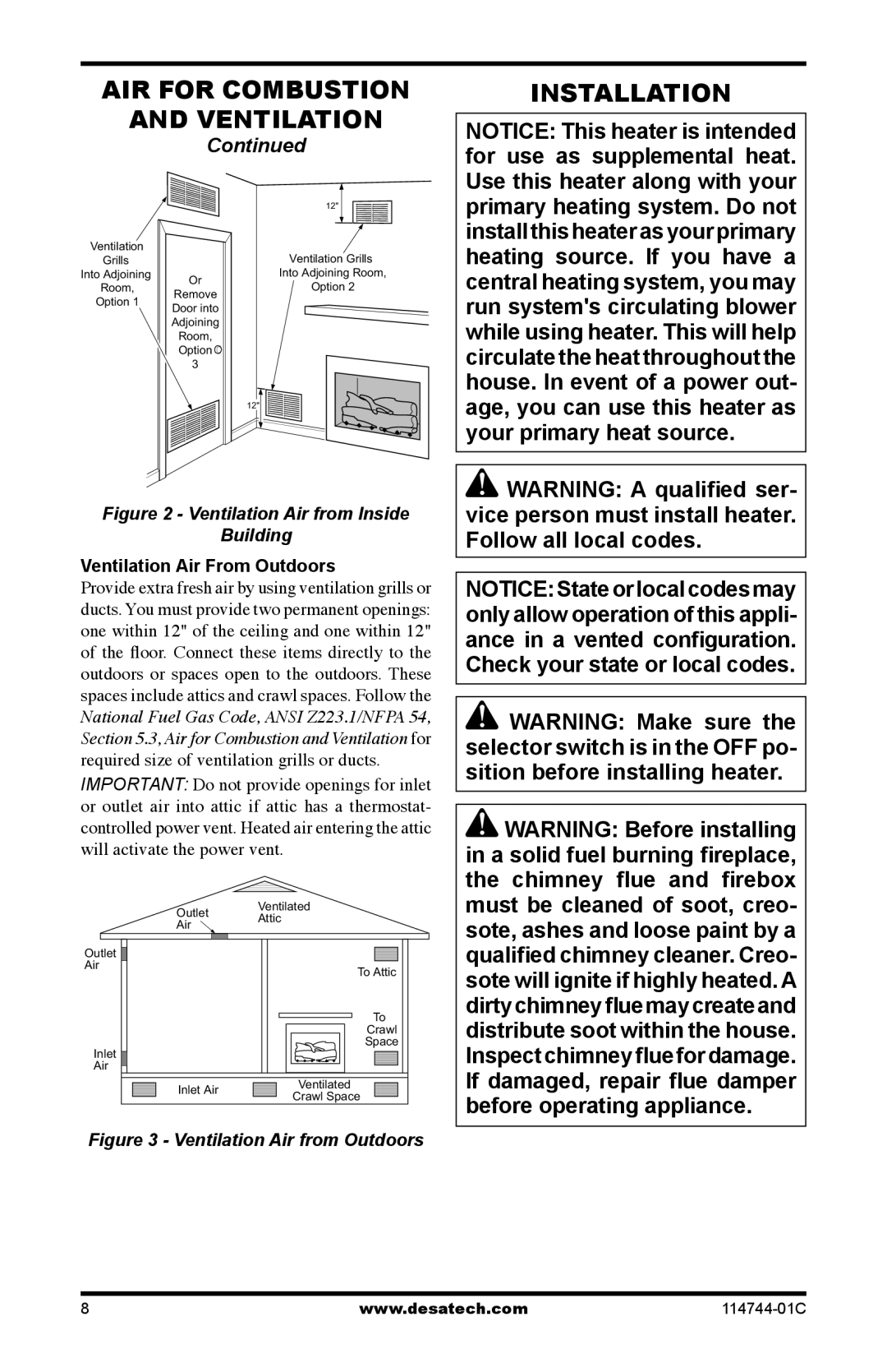 Desa SMA18VNA, SMA24VPA, SBJ24VPA, SBJ18VNA AIR for Combustion Ventilation Installation, Ventilation Air From Outdoors 