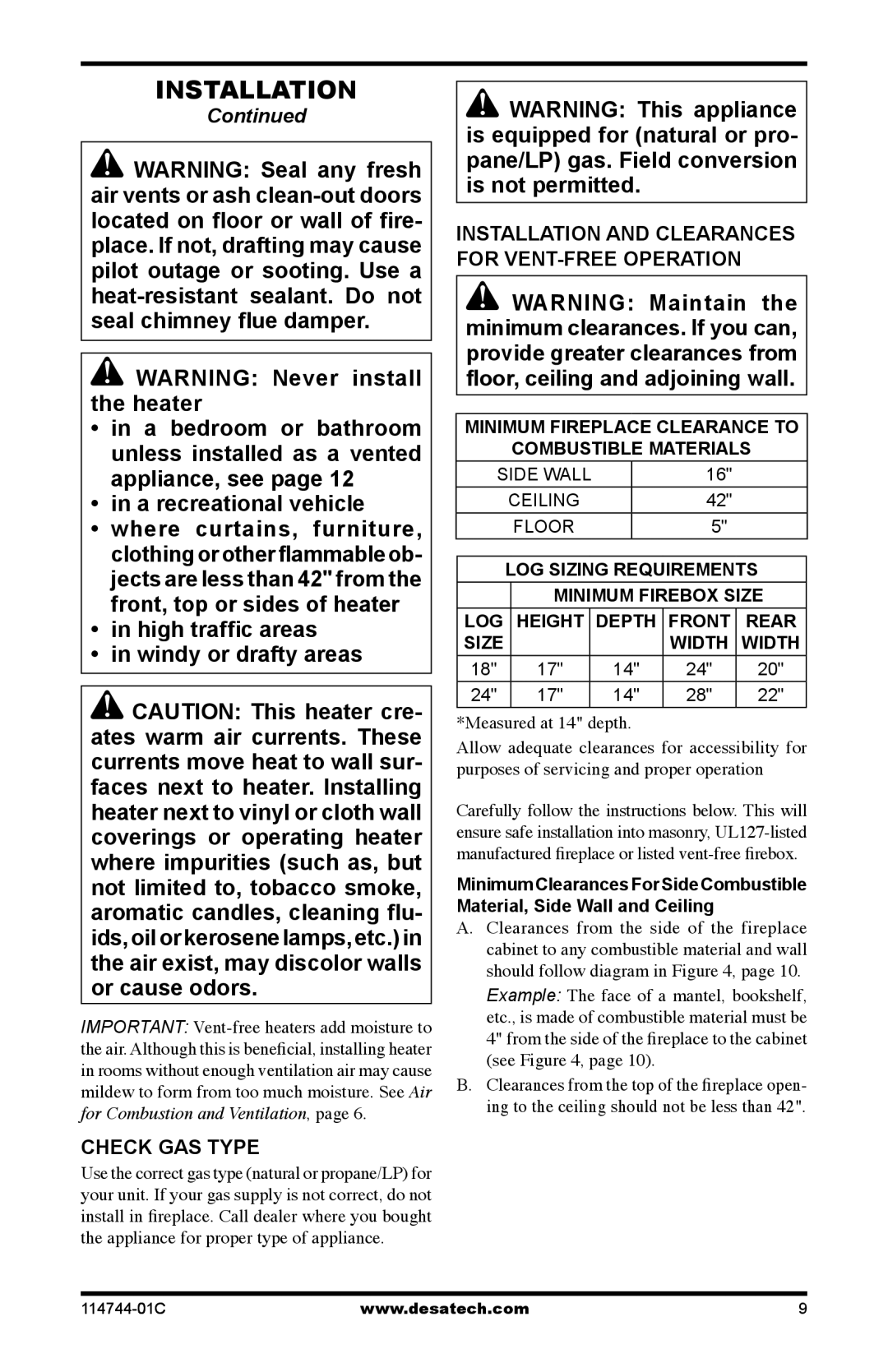 Desa SMA24VPA, SMA18VNA, SBJ24VPA, SBJ18VNA Check GAS Type, Installation and Clearances for VENT-FREE Operation 