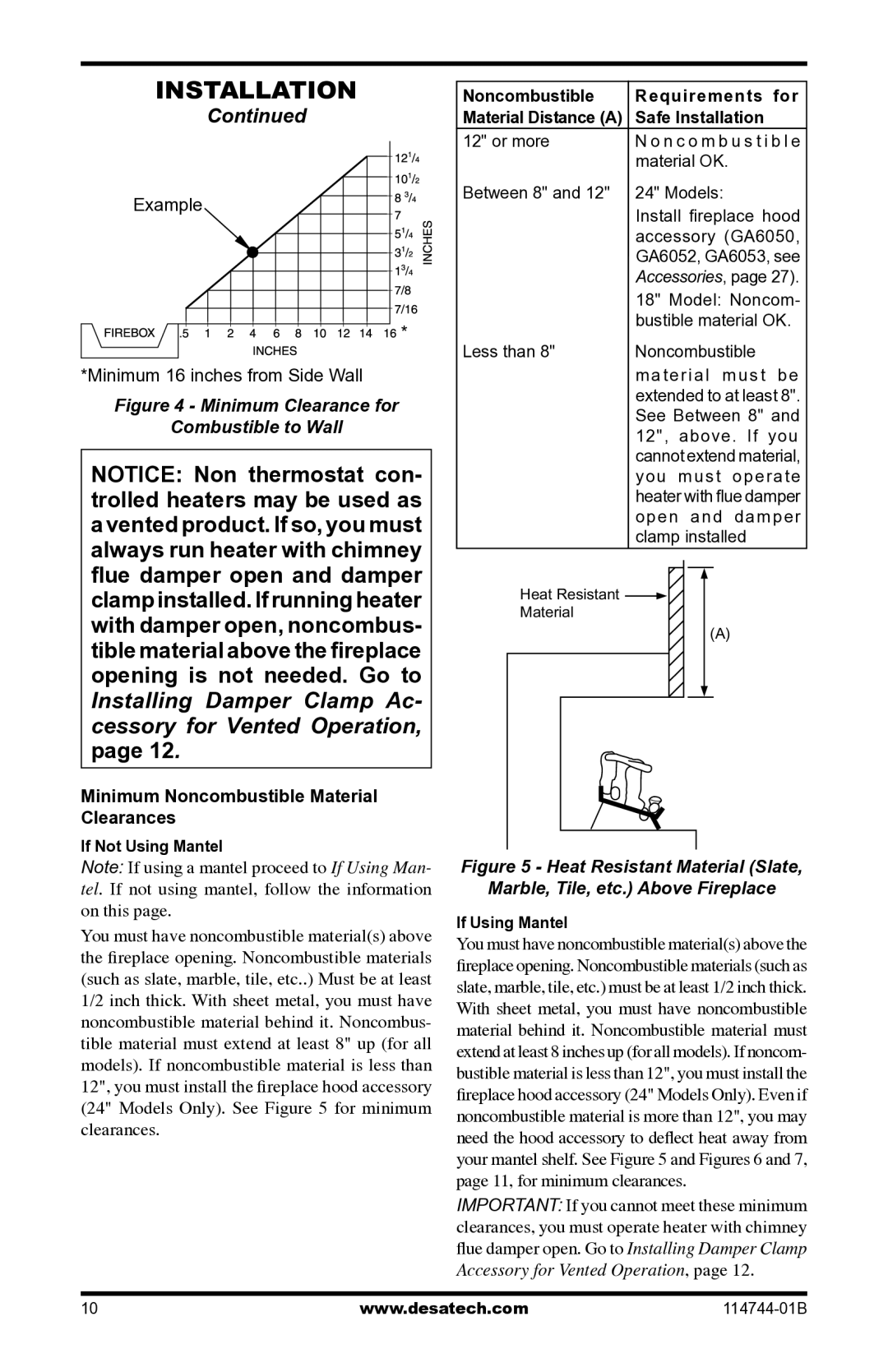 Desa SMA18VPA, SBJ24VNA, SBJ18VPA, SMA24VNA installation manual Installation, Minimum Noncombustible Material Clearances 