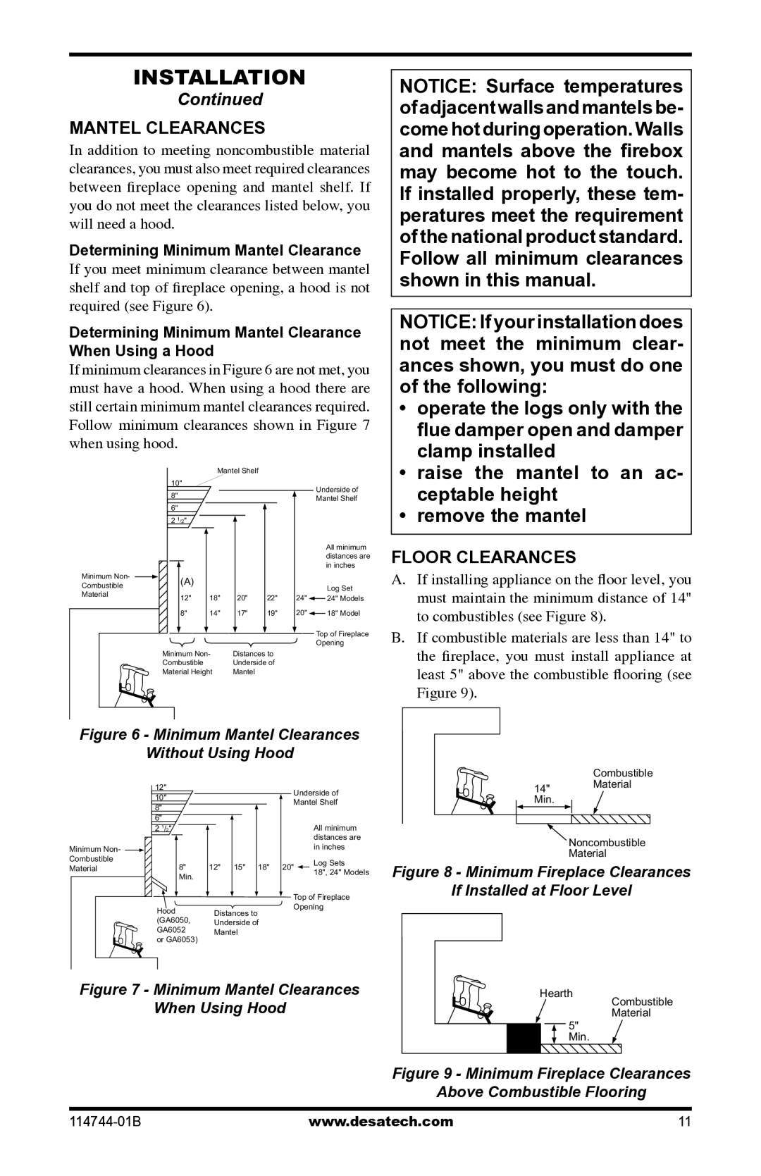 Desa SBJ24VNA, SMA18VPA, SBJ18VPA, SMA24VNA installation manual Mantel Clearances, Floor Clearances 