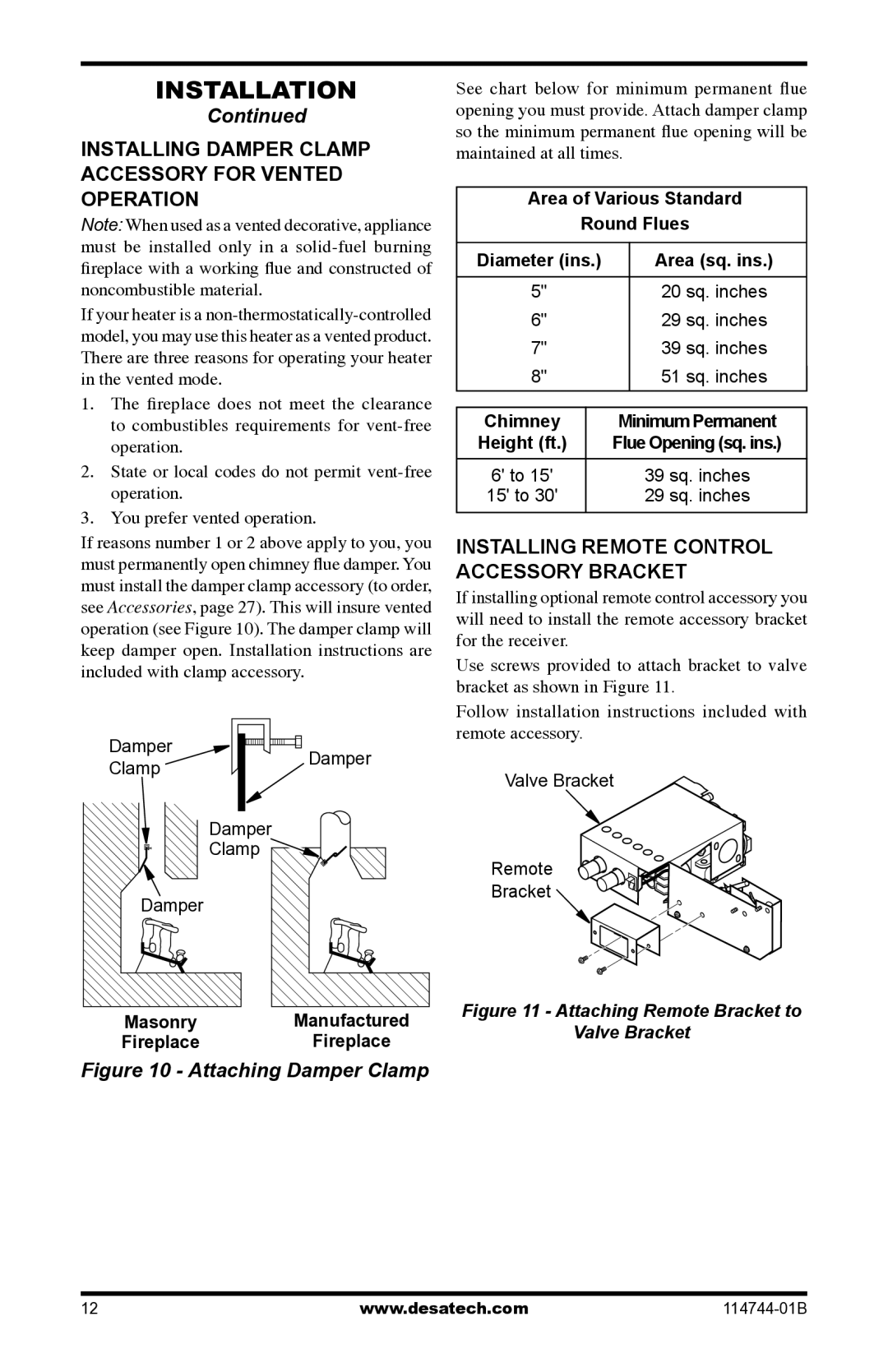 Desa SBJ18VPA Installing Damper Clamp Accessory for Vented Operation, Installing Remote Control Accessory Bracket 