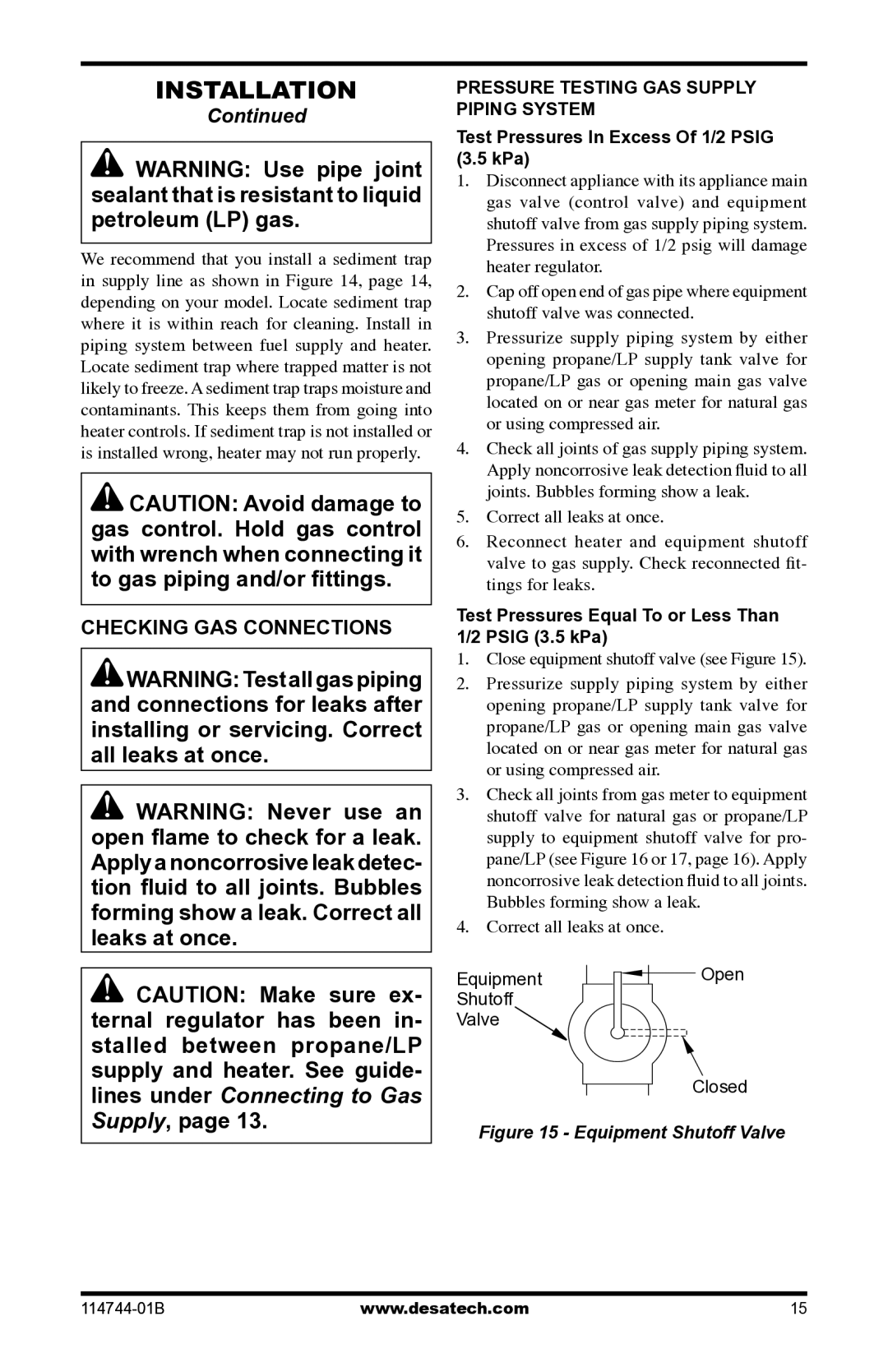 Desa SMA18VPA, SBJ24VNA, SBJ18VPA, SMA24VNA Checking GAS Connections, Test Pressures In Excess Of 1/2 Psig 3.5 kPa 