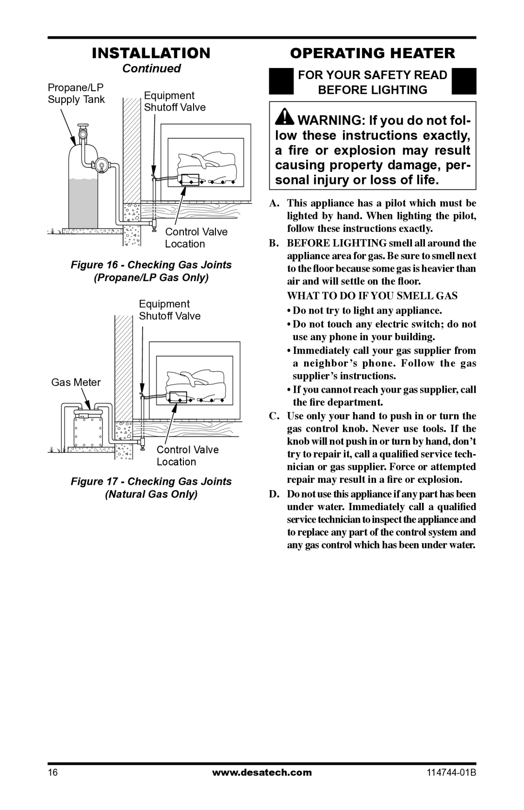 Desa SBJ24VNA, SMA18VPA, SBJ18VPA, SMA24VNA installation manual Operating Heater, For Your Safety Read Before Lighting 