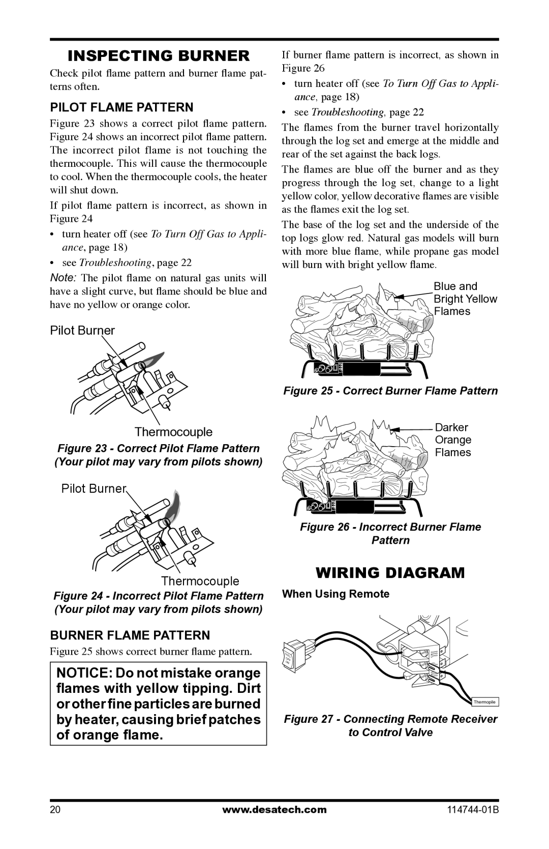 Desa SMA18VPA, SBJ24VNA Inspecting Burner, Wiring Diagram, Pilot Flame Pattern, Burner Flame Pattern, When Using Remote 