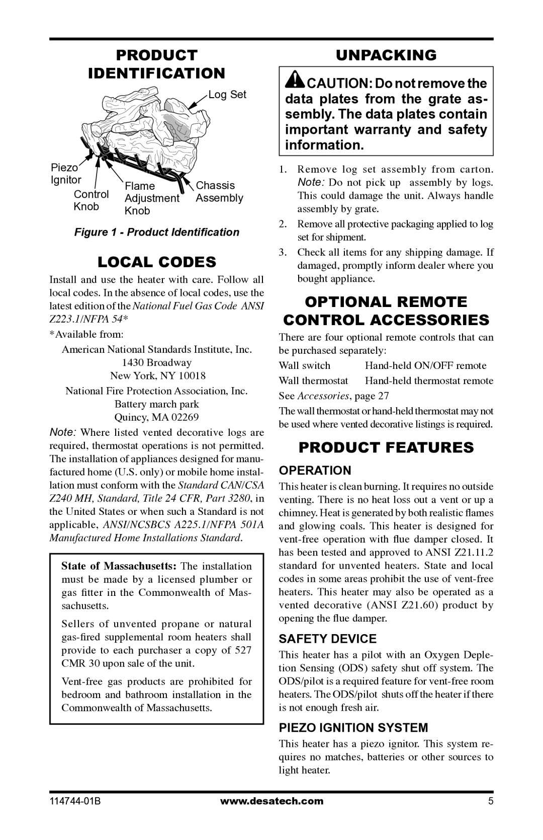 Desa SMA18VPA, SBJ24VNA, SBJ18VPA, SMA24VNA installation manual Product Identification, Local Codes, Unpacking 