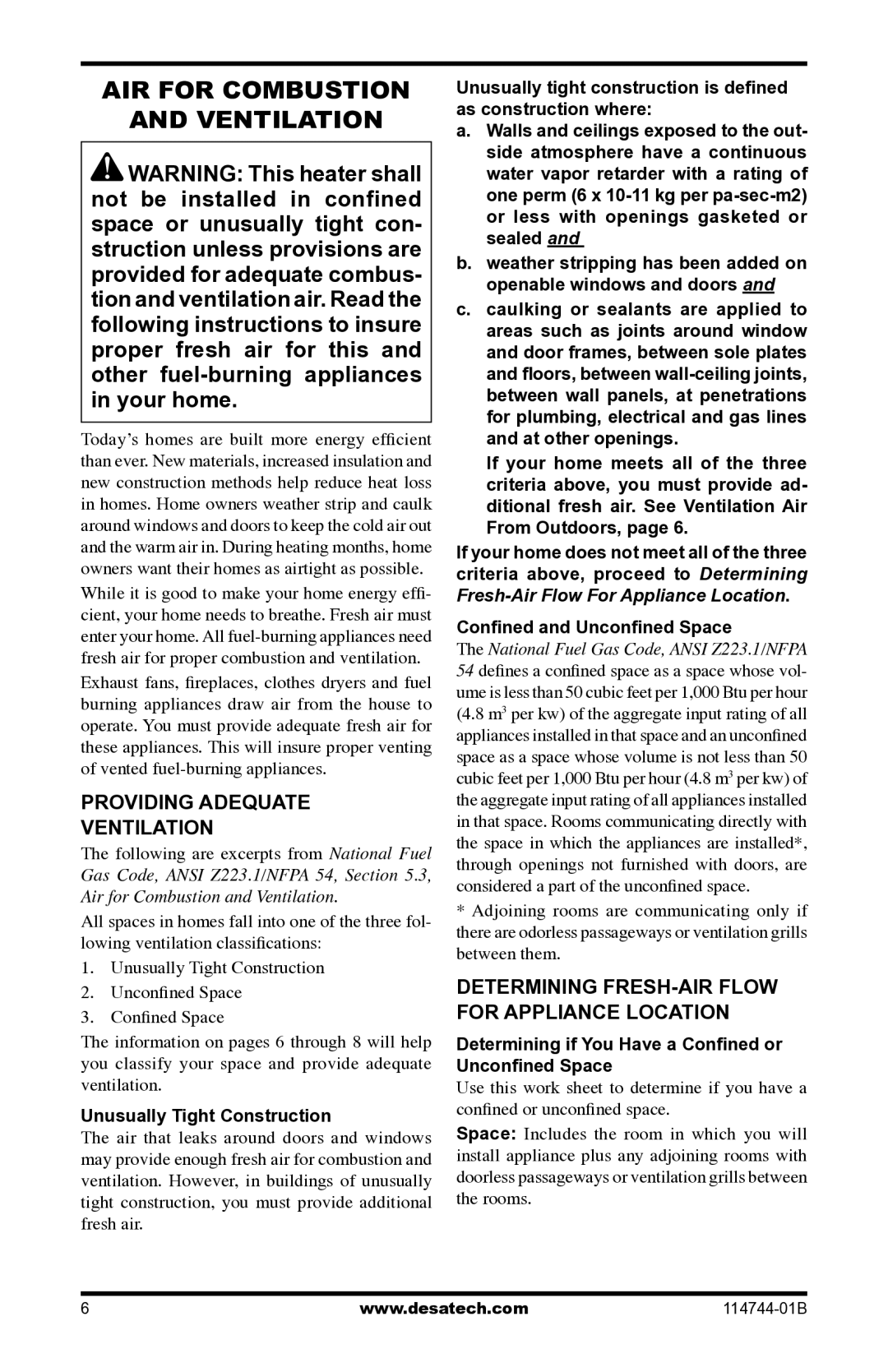 Desa SBJ24VNA, SMA18VPA, SBJ18VPA, SMA24VNA installation manual AIR for Combustion Ventilation, Providing Adequate Ventilation 