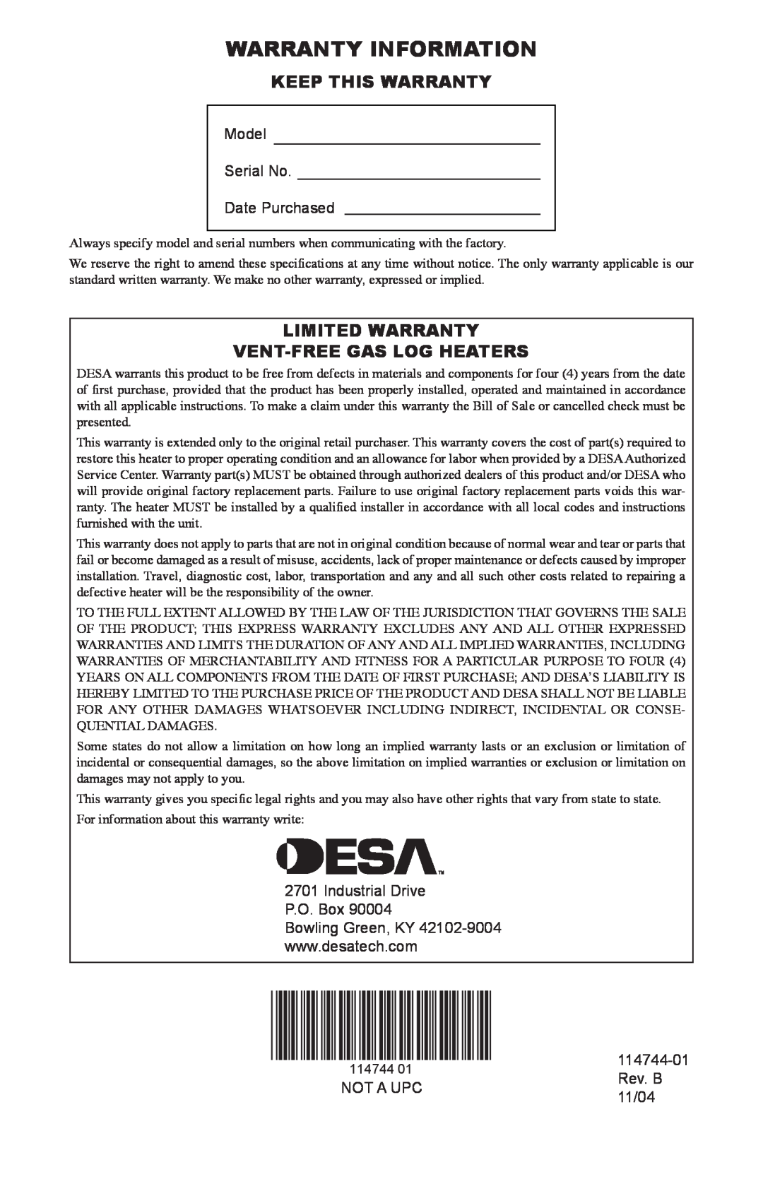 Desa SBJ18VPA Keep This Warranty, Limited Warranty Vent-Freegas Log Heaters, Model Serial No Date Purchased, Rev. B, 11/04 