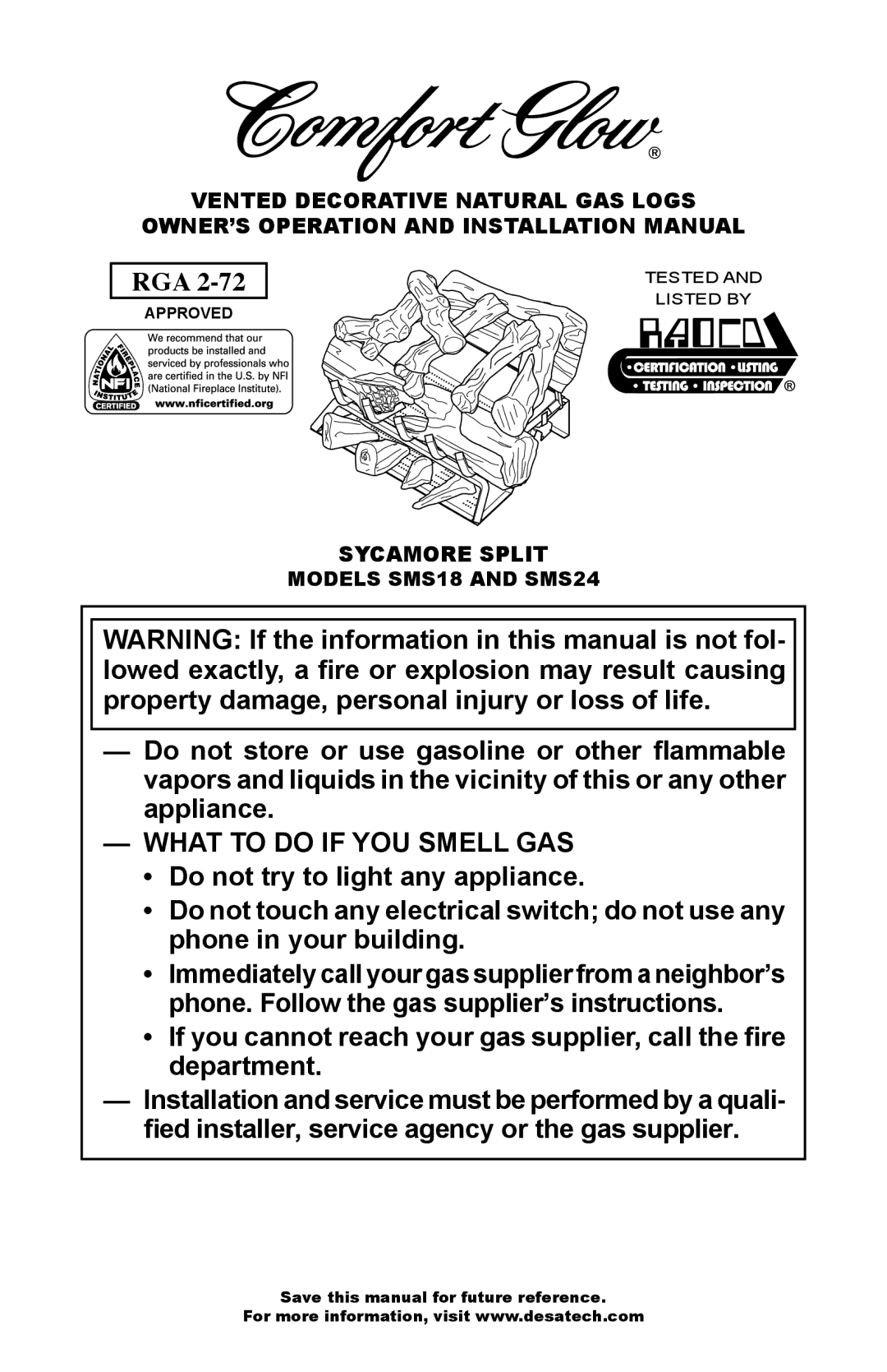 Desa installation manual What to do if YOU Smell GAS, Models SMS18 and SMS24 