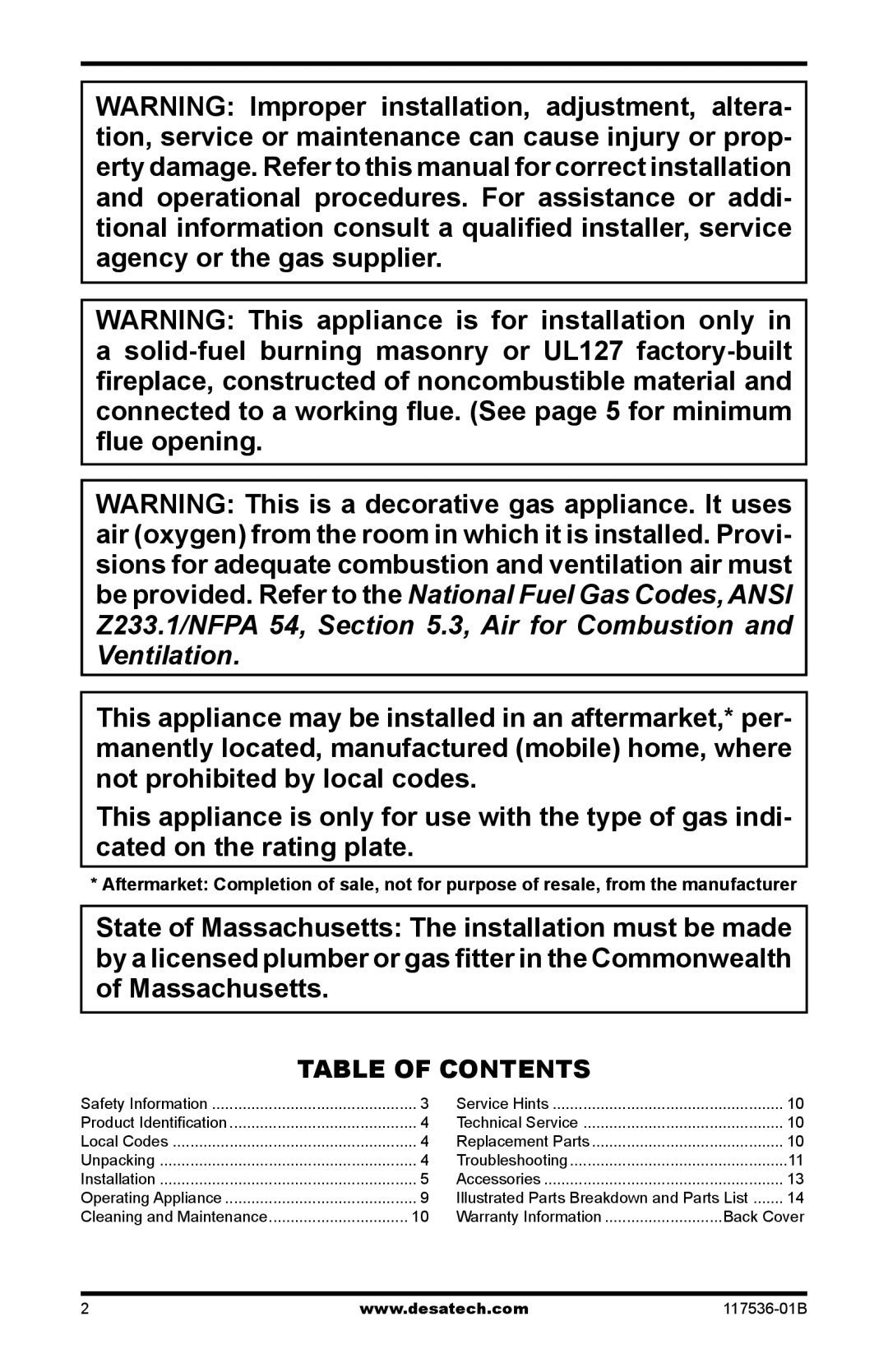 Desa SMS18, SMS24 installation manual Table of Contents 