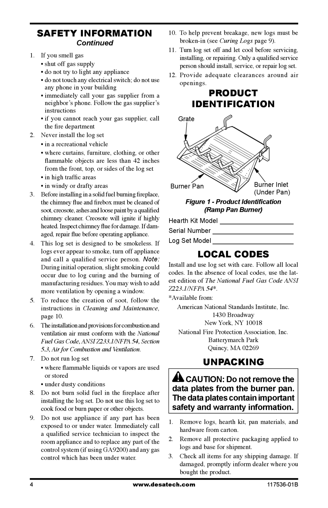 Desa SMS18, SMS24 installation manual Product Identification, Local Codes, Unpacking 