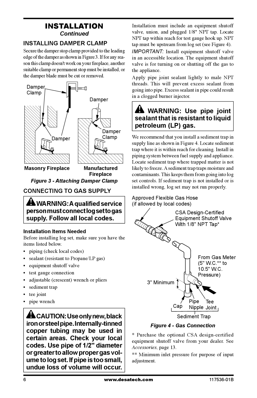 Desa SMS18, SMS24 Installing Damper Clamp, Connecting to GAS Supply, Masonry Fireplace, Installation Items Needed 