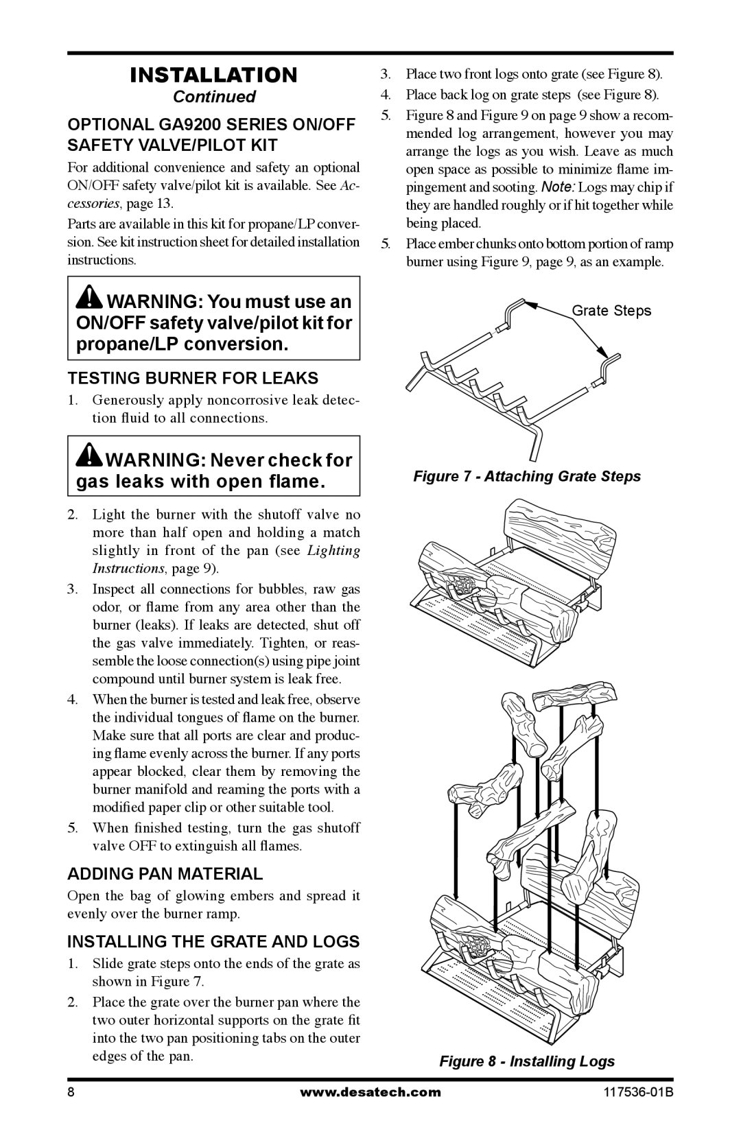 Desa SMS18, SMS24 Optional GA9200 Series ON/OFF Safety VALVE/PILOT KIT, Testing Burner for Leaks, Adding PAN Material 