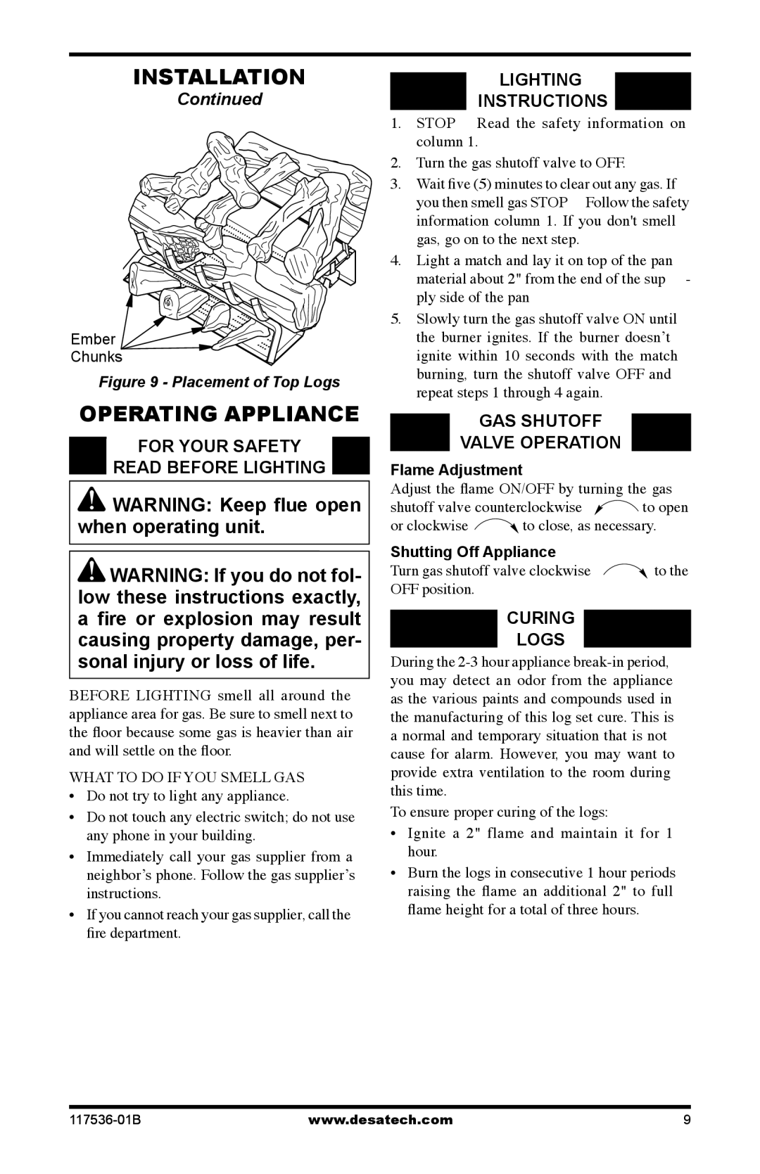 Desa SMS24 Operating Appliance, For Your Safety Read Before Lighting, Lighting Instructions, GAS Shutoff Valve Operation 