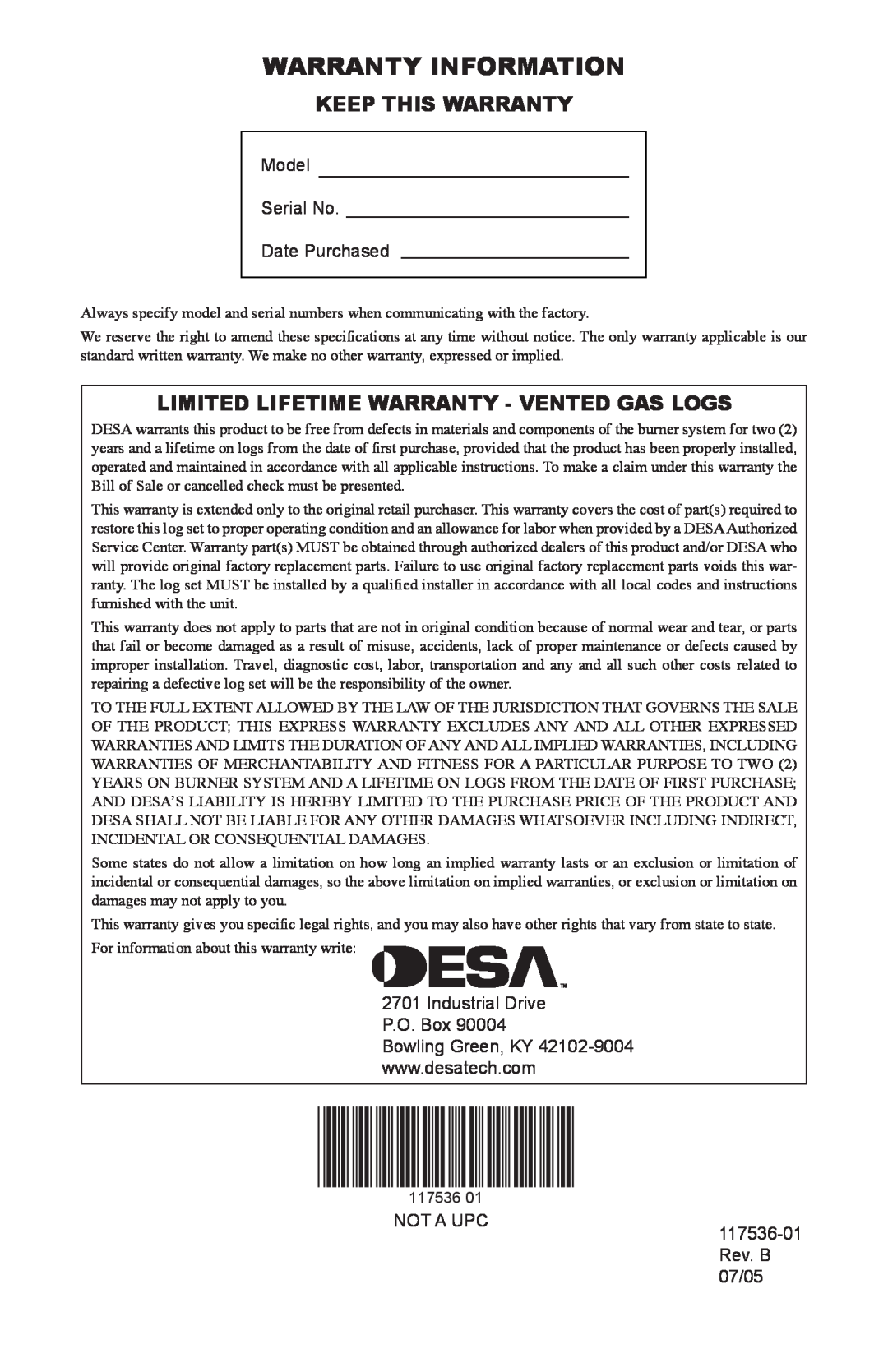 Desa SMS18, SMS24 installation manual Warranty Information, Keep This Warranty, Limited Lifetime Warranty - Vented Gas Logs 