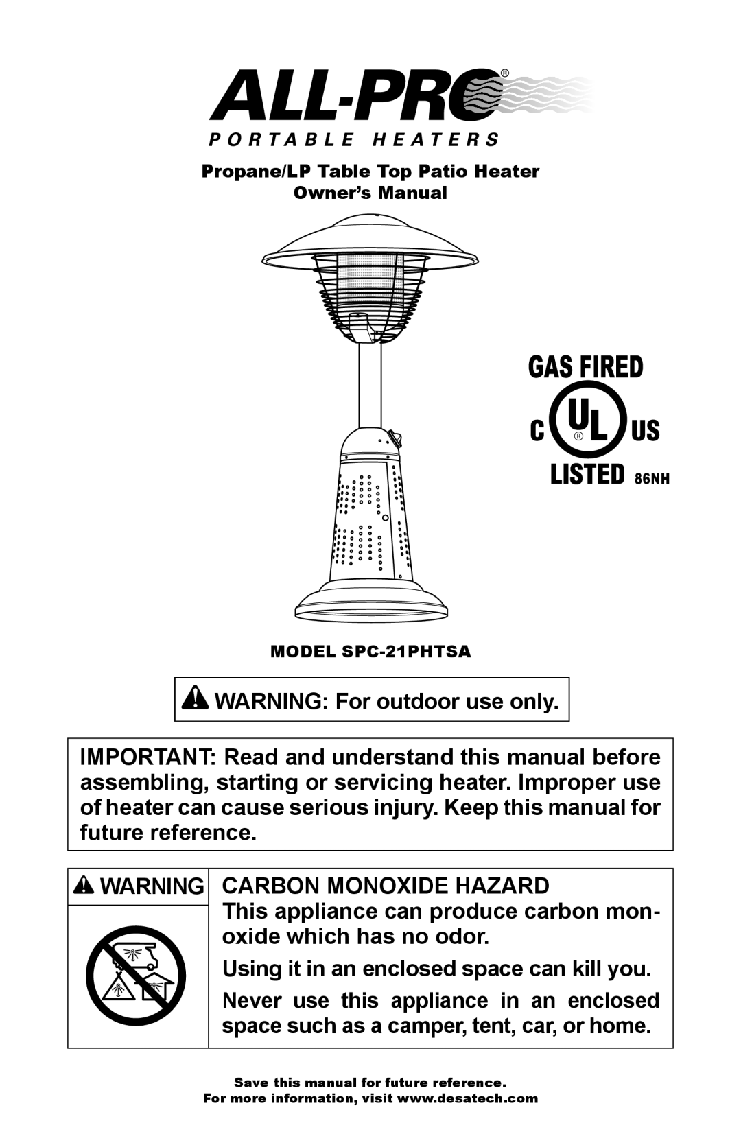 Desa owner manual Carbon Monoxide Hazard, Model SPC-21PHTSA 