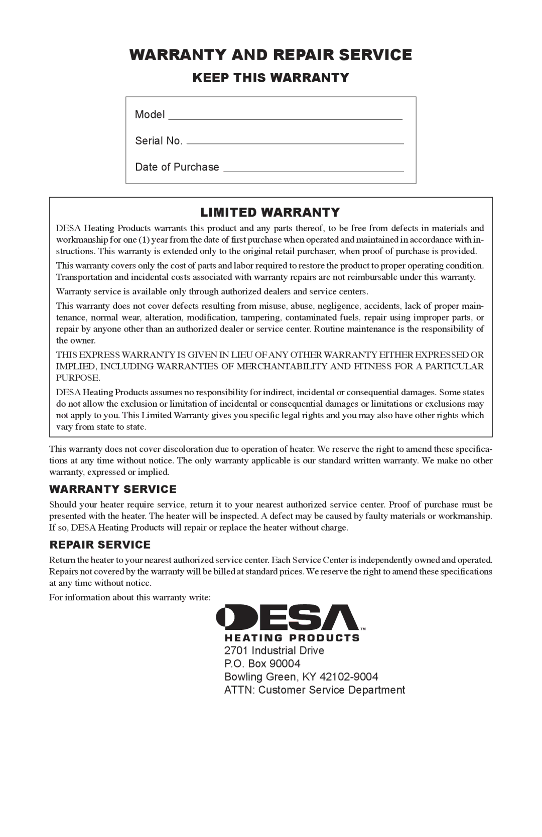 Desa SPC-21PHTSA owner manual Warranty and Repair Service, Keep this Warranty, Limited Warranty 