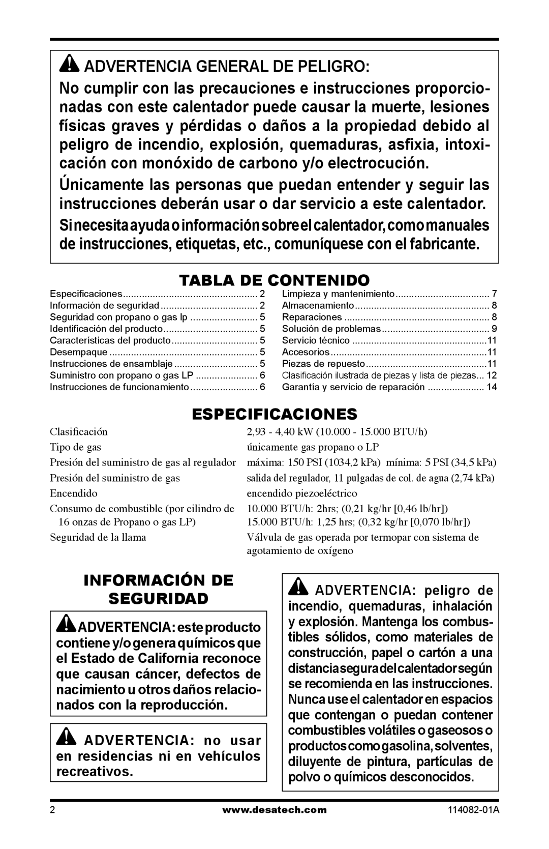 Desa SPC-21PHTSA Advertencia General DE Peligro, Tabla DE Contenido, Especificaciones, Información DE Seguridad 