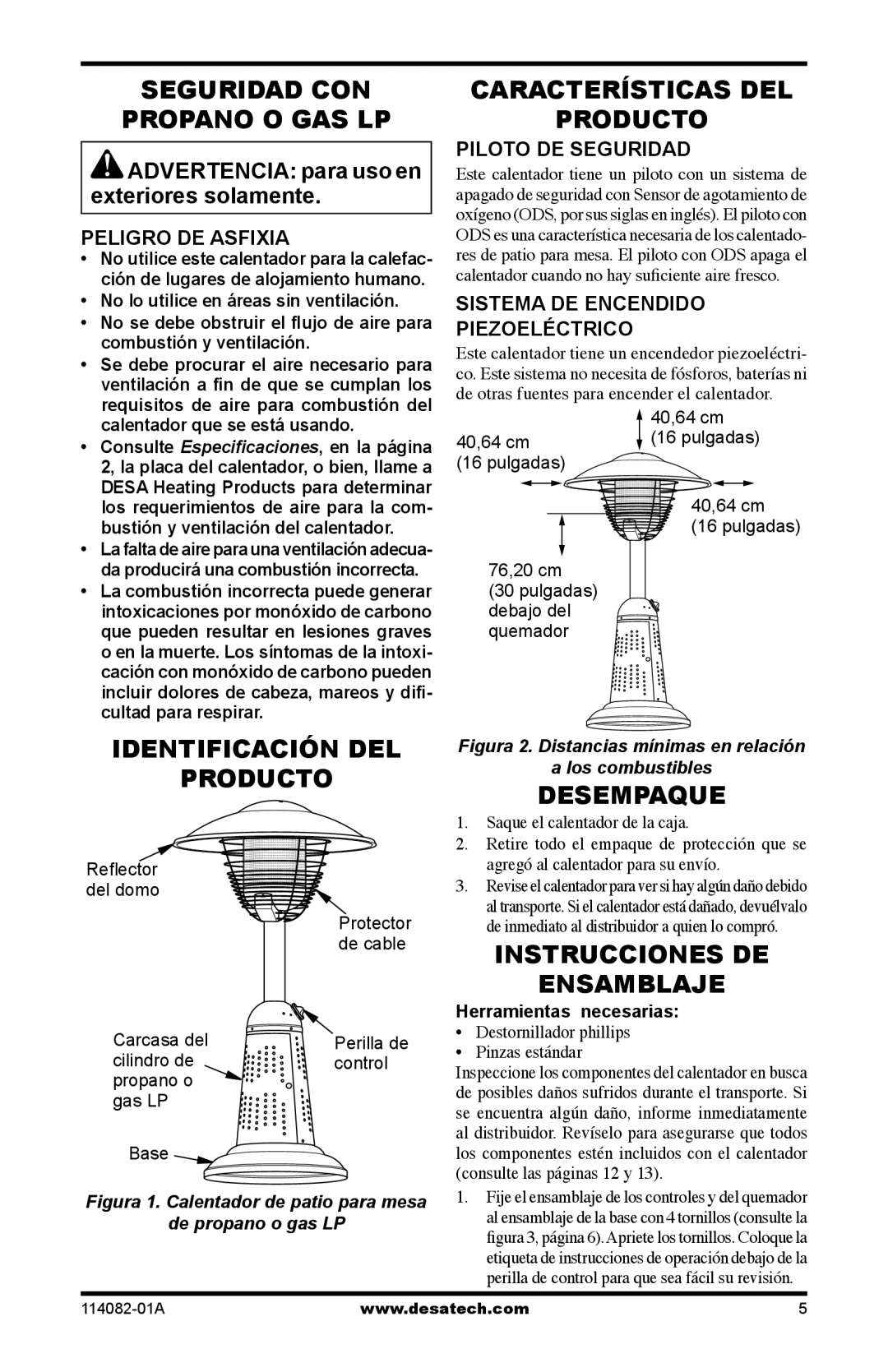 Desa SPC-21PHTSA Seguridad CON Propano O GAS LP, Identificación DEL Producto, Características DEL Producto, Desempaque 