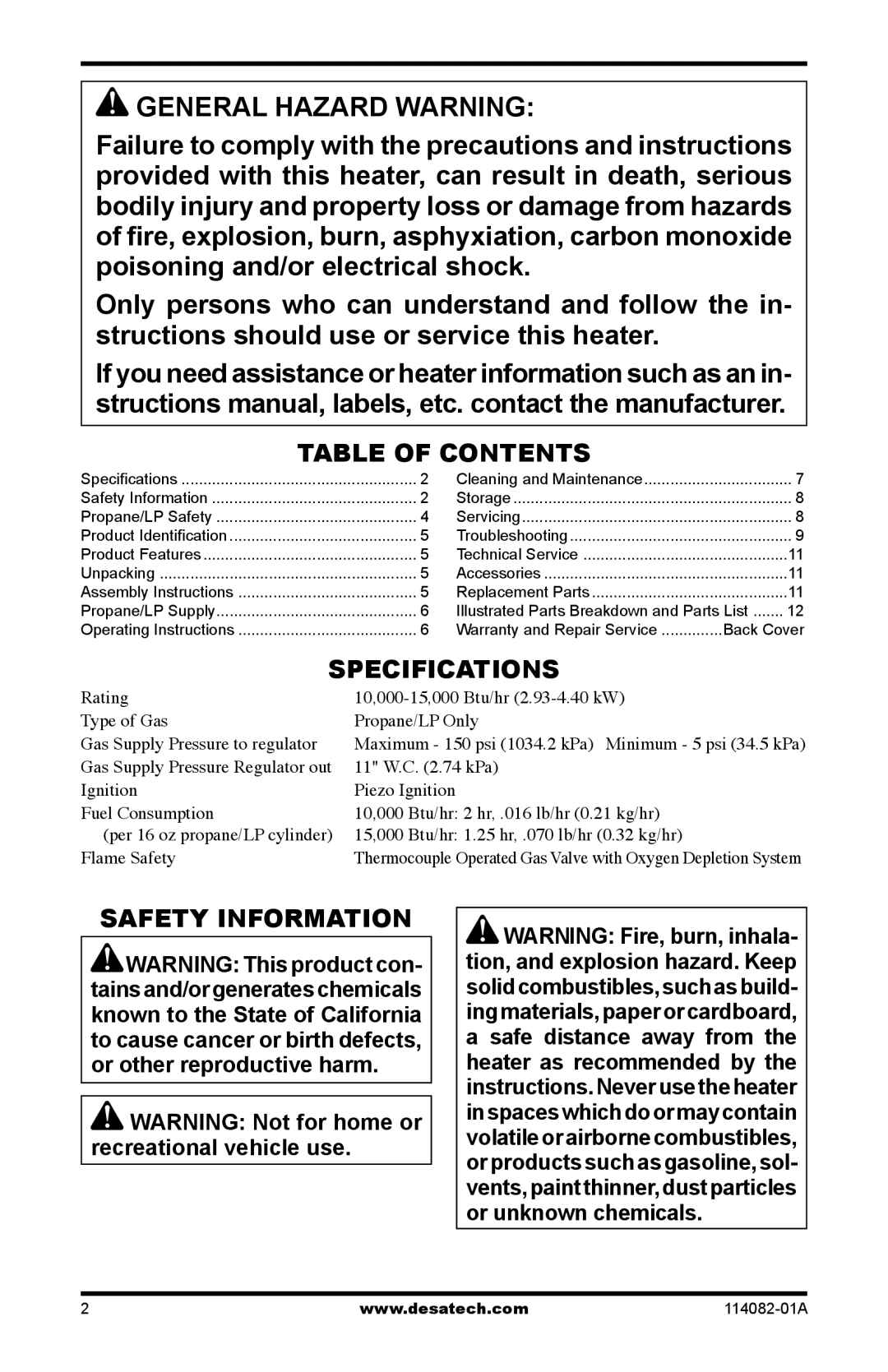 Desa SPC-21PHTSA owner manual General Hazard Warning, Table of Contents, Specifications, Safety Information 