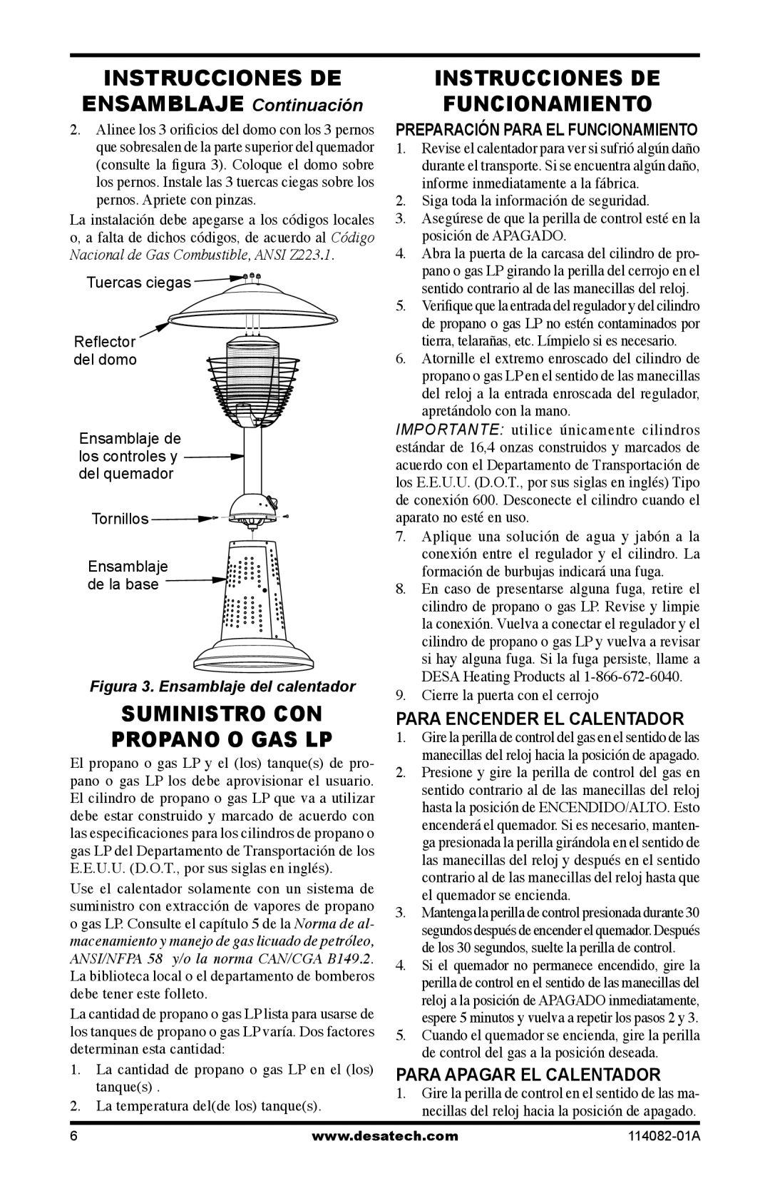 Desa SPC-21PHTSA owner manual Suministro CON Propano O GAS LP, Instrucciones DE Funcionamiento 