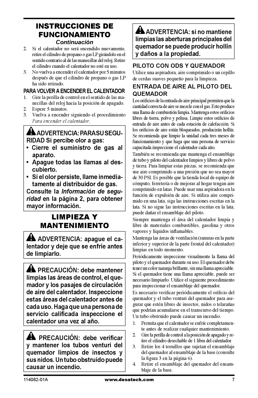 Desa SPC-21PHTSA owner manual Limpieza Y Mantenimiento, Piloto CON ODS Y Quemador, Entrada DE Aire AL Piloto DEL Quemador 