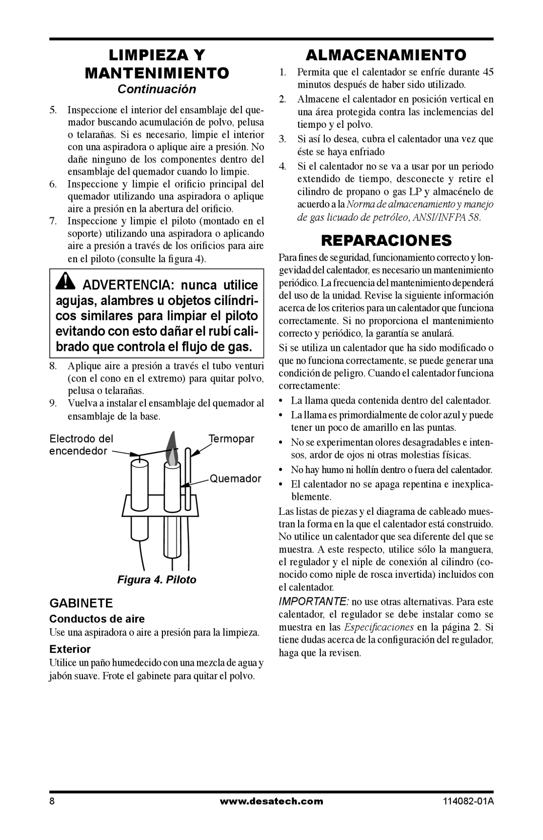 Desa SPC-21PHTSA owner manual Almacenamiento, Reparaciones, Gabinete, La llama queda contenida dentro del calentador 