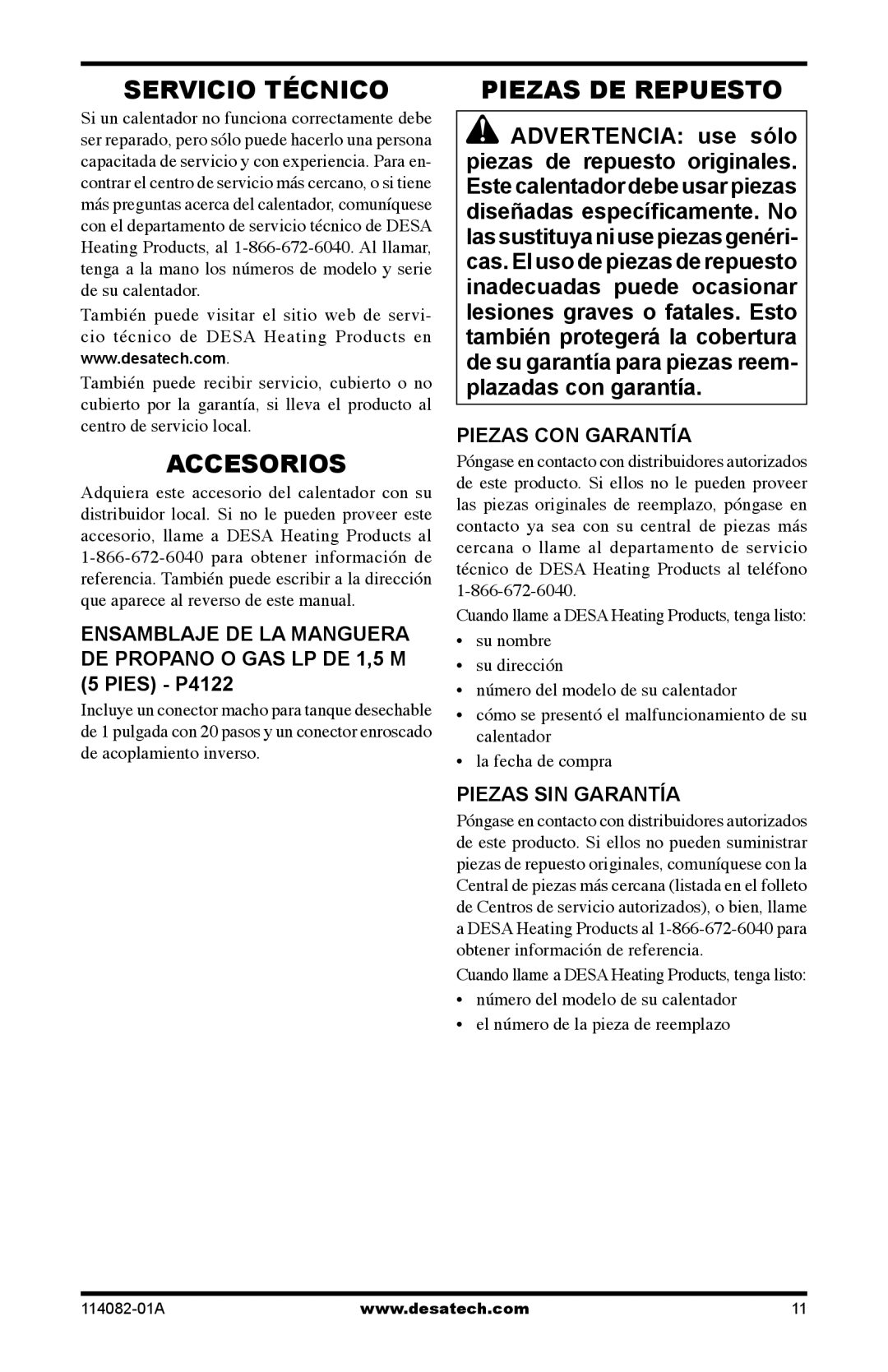 Desa SPC-21PHTSA owner manual Servicio Técnico, Accesorios, Piezas DE Repuesto, Piezas CON Garantía, Piezas SIN Garantía 