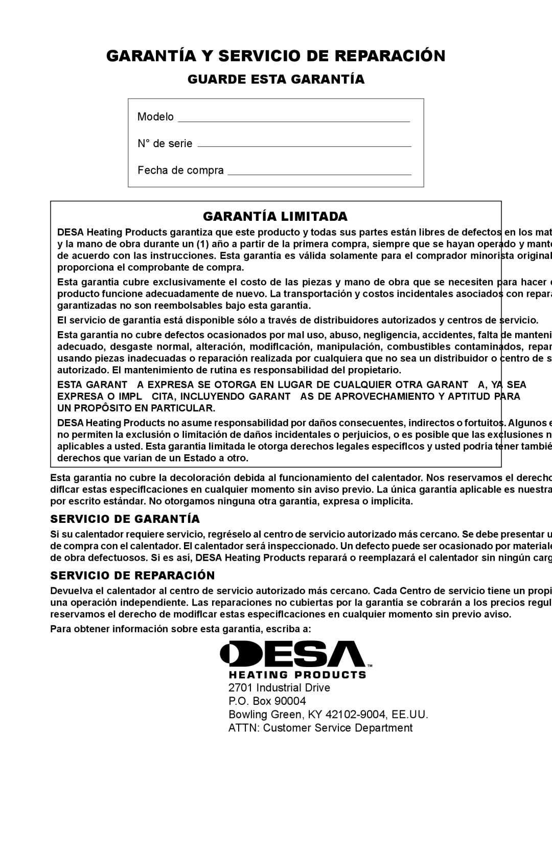 Desa SPC-21PHTSA owner manual Garantía Y Servicio DE Reparación, Guarde Esta Garantía, Garantía Limitada 