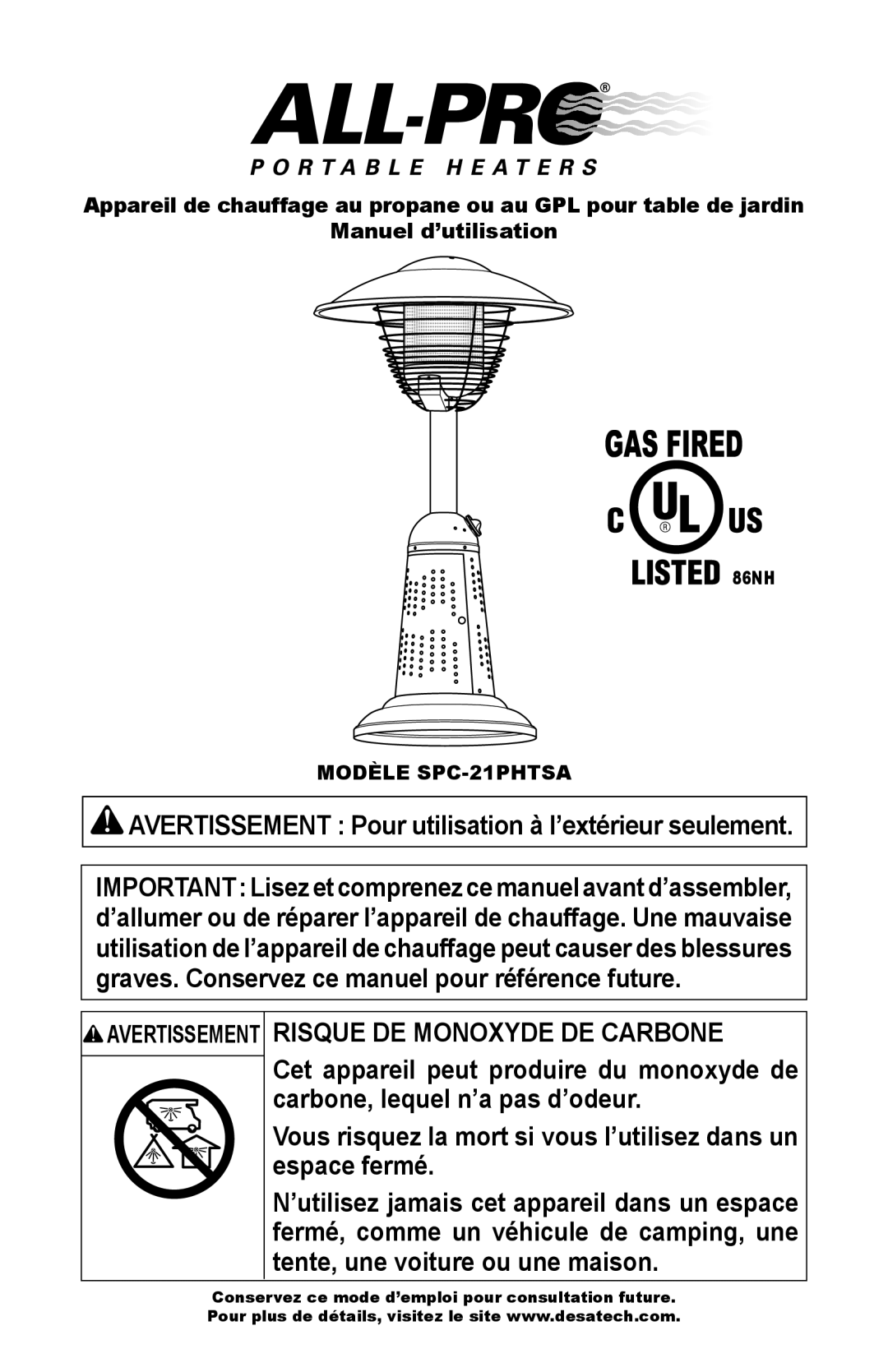 Desa owner manual Risque DE Monoxyde DE Carbone, Modèle SPC-21PHTSA, Avertissement 