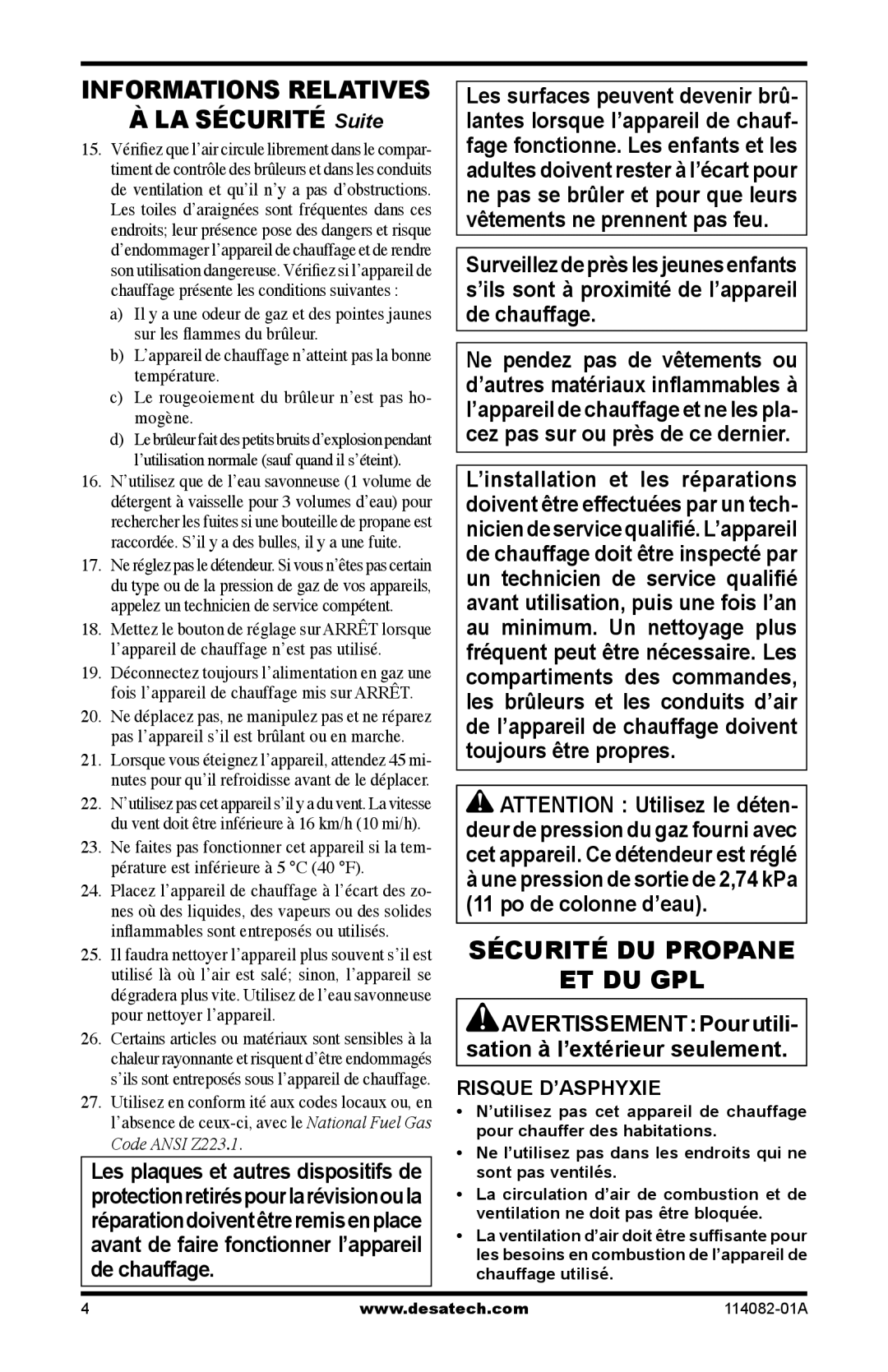 Desa SPC-21PHTSA owner manual Sécurité DU Propane ET DU GPL, Risque D’ASPHYXIE 