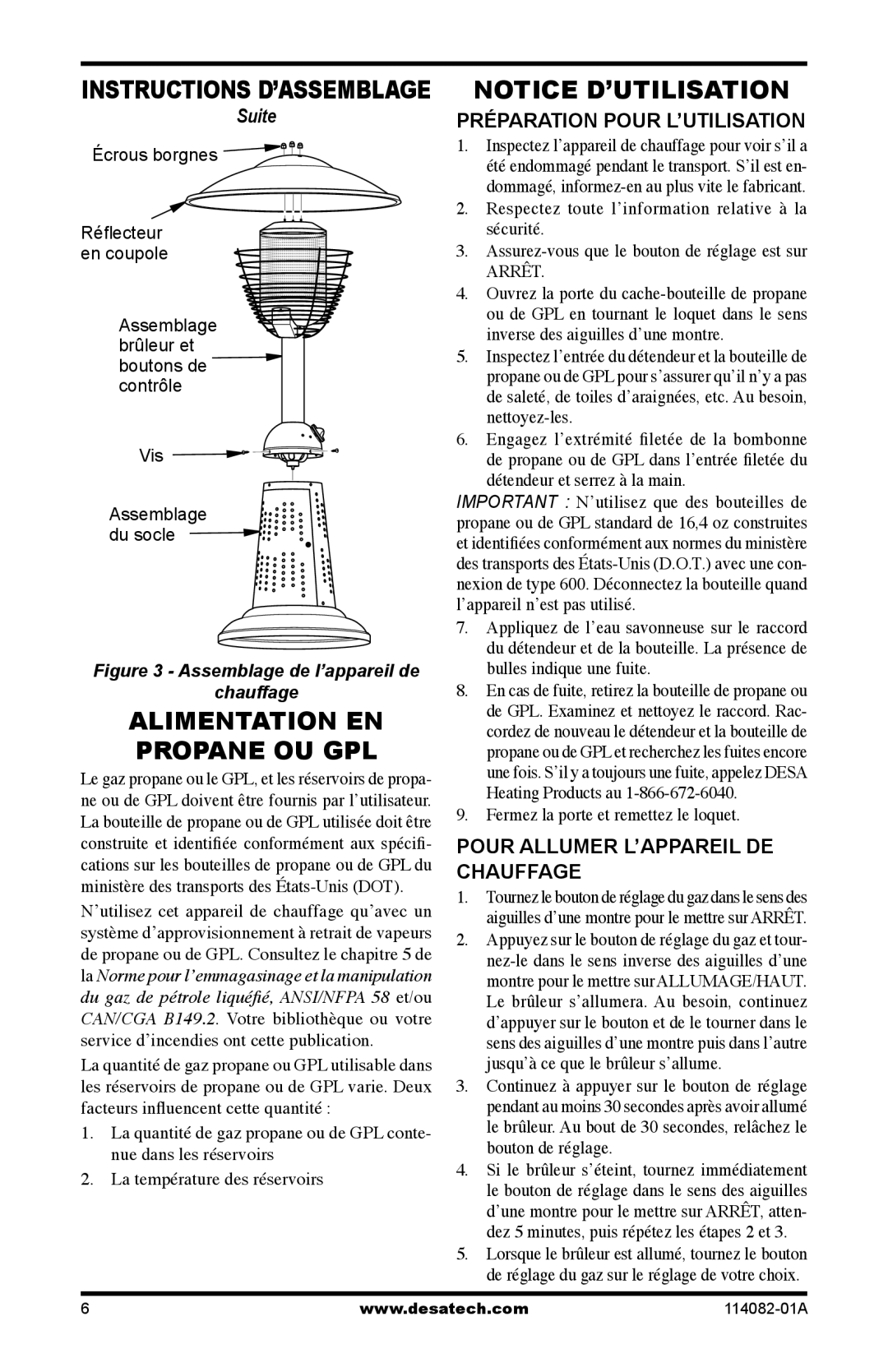 Desa SPC-21PHTSA owner manual Alimentation EN Propane OU GPL, Instructions D’ASSEMBLAGE, Préparation Pour L’UTILISATION 