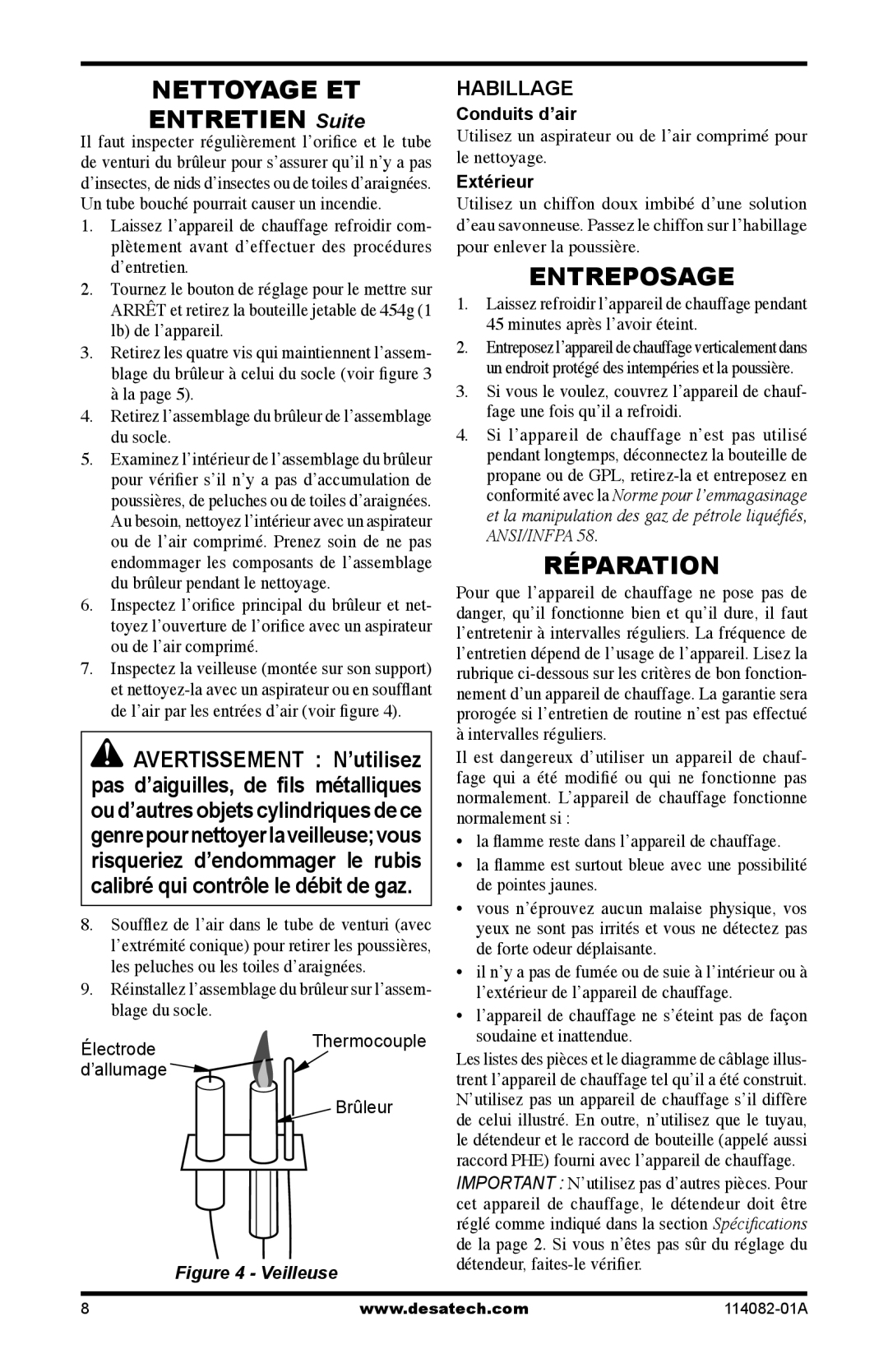 Desa SPC-21PHTSA owner manual Nettoyage ET, Entreposage, Réparation, Habillage 